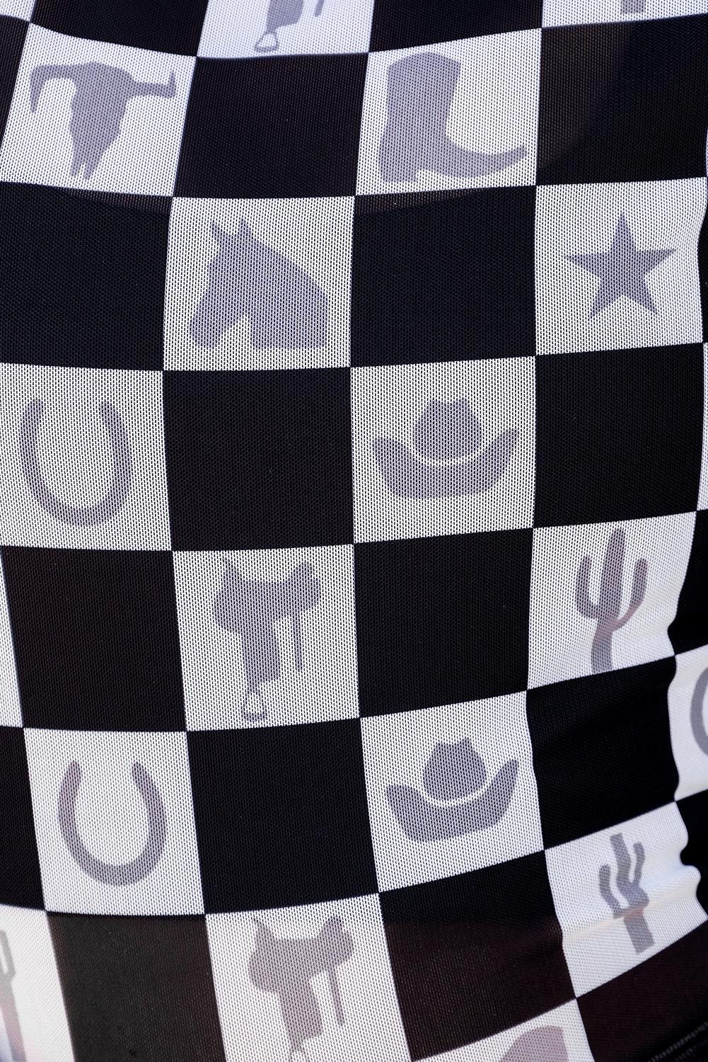 Western Mesh Shirt | Cowgirl Shirt | Women&#39;s Sheer Western Layering Top - Unleash your inner cowgirl with a bold, modern twist! This Western Mesh Shirt blends classic Western fashion with edgy, contemporary style. Designed for layering, this long-sleeve sheer top features a striking checkerboard print that adds effortless flair to any outfit.
✔ Breathable & Lightweight 
✔ Unique Checkerboard Print 
✔ Perfect for Layering 
✔ High Elasticity for a Flattering Fit
SHIPS FREE W/ $35+