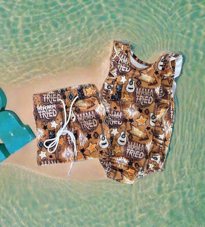 MAMA TRIED, Matching WESTERN Swimsuits, Sibling Swimsuits, Girls Ruffle Bathing Suit, Boys Western Swim Trunks