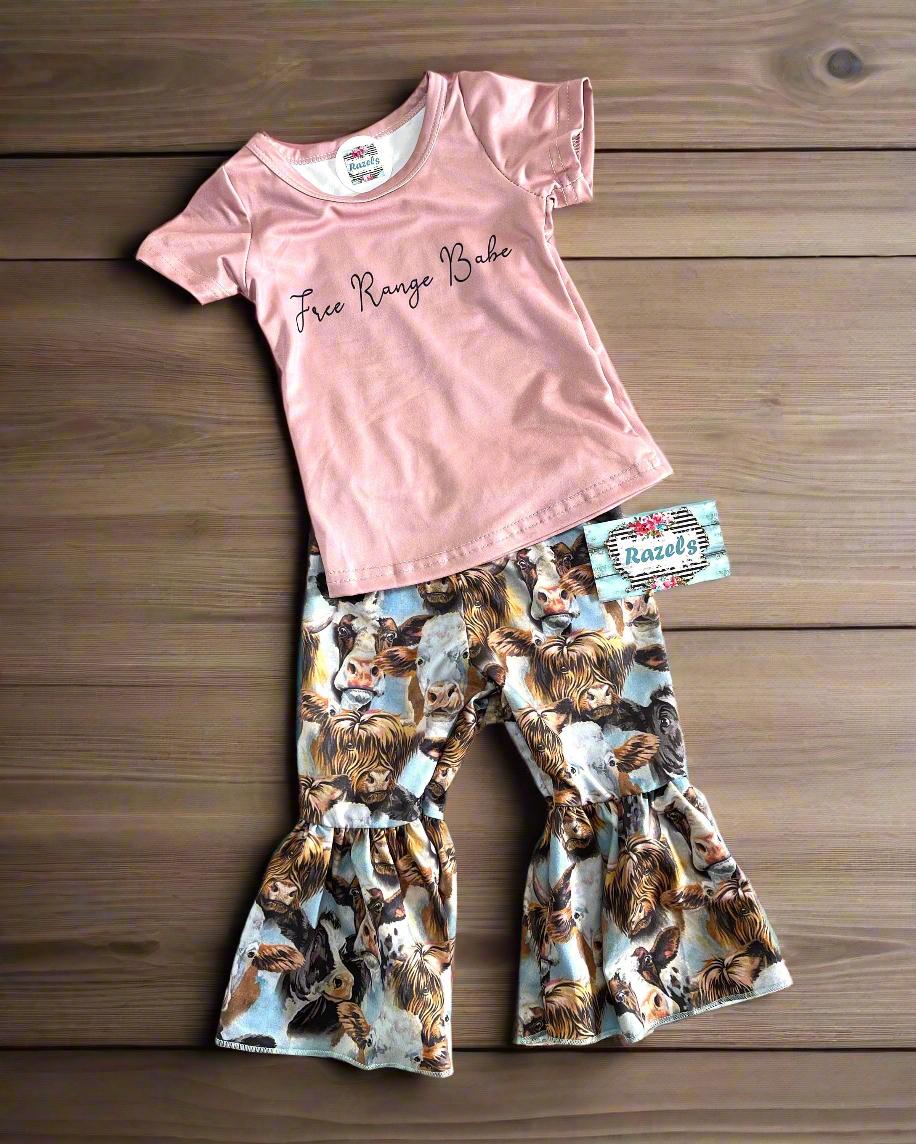 Girls 4t Cow Bell Bottom Outfit, Free Range Babe Bell Bottom Set, Cow Flare Pants -Razels