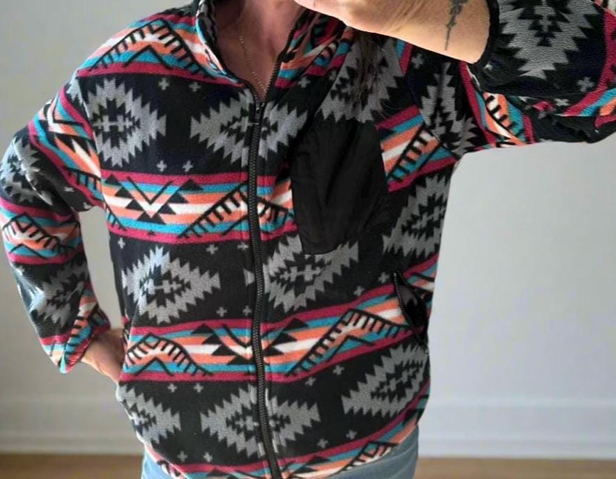 Western Fleece Jacekt, Aztec Fleece Jacket, Spring Fleece Jacket, Western Zip Up features a vibrant Aztec print in black, grey, hot pink, orange, and turquoise pattern.  With a convenient zip-up design, this jacket is perfect for all seasons.
