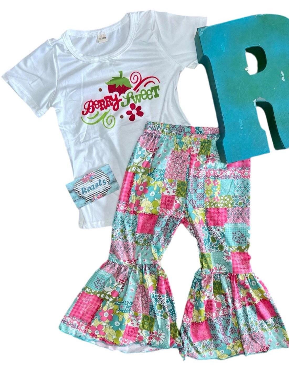 Berry Sweet 2T 3T Bell Bottoms, Strawberry Patchwork Design, Soft Cotton, Only 2 Left! -Razels