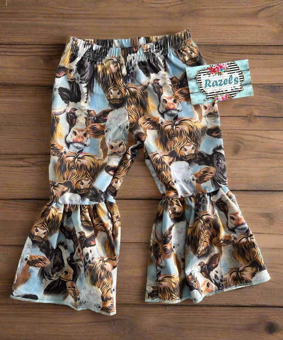 Girls 4t Cow Bell Bottom Outfit, Free Range Babe Bell Bottom Set, Cow Flare Pants -Razels