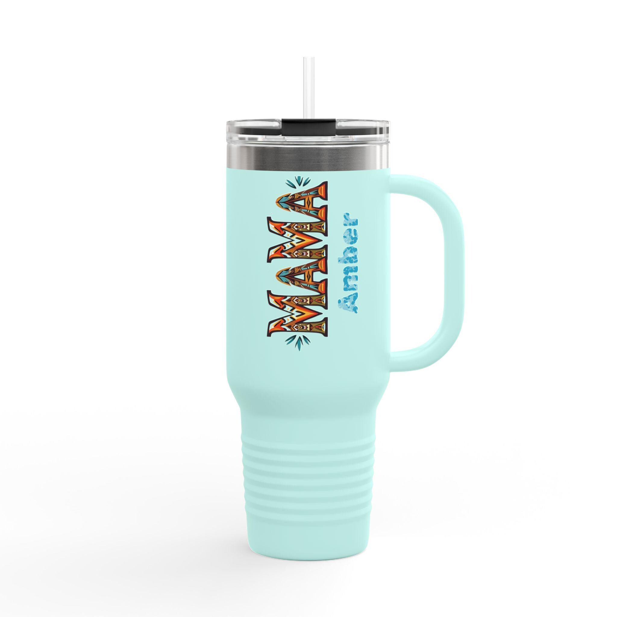 Personalized BOHO MAMA 40oz Travel Mug, Custom Name Tumbler with Handle