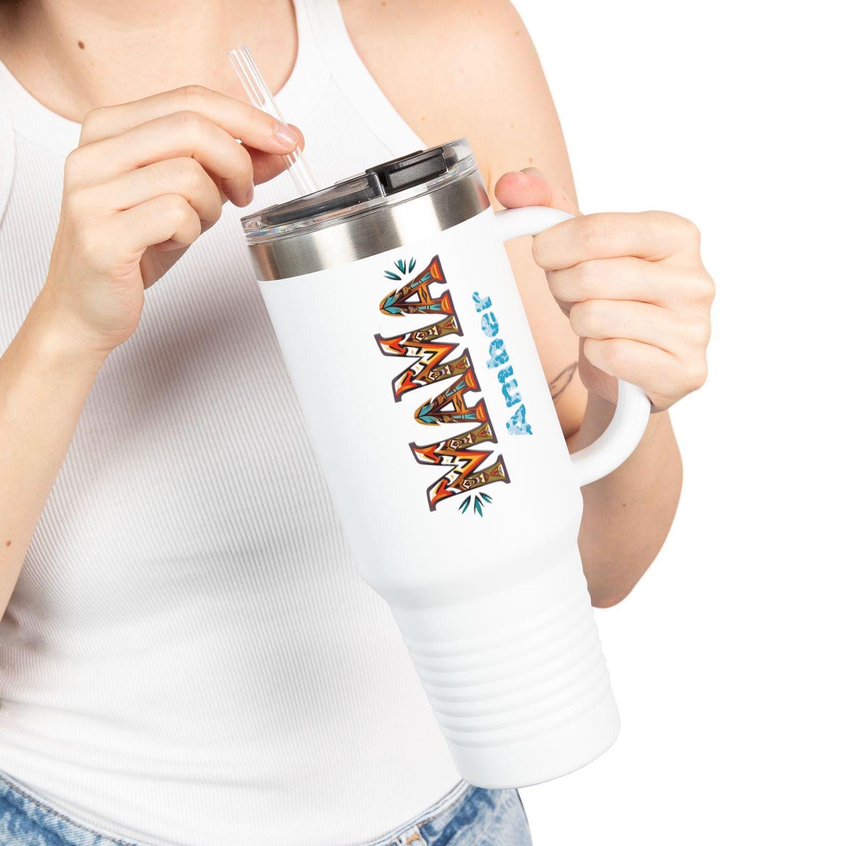 Personalized BOHO MAMA 40oz Travel Mug, Custom Name Tumbler with Handle