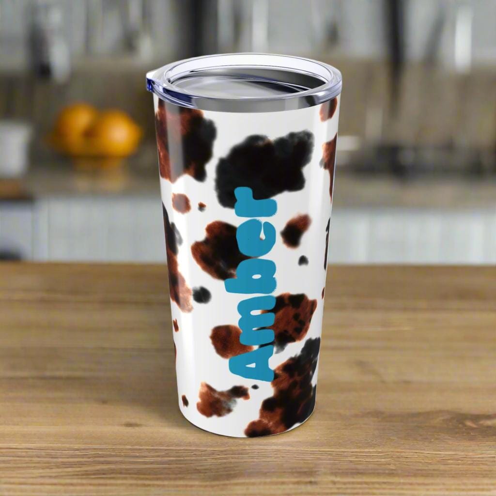 PERSONALIZED NAME Cow Print Tumbler, 20oz Stainless Steel Travel Mug -Razels
