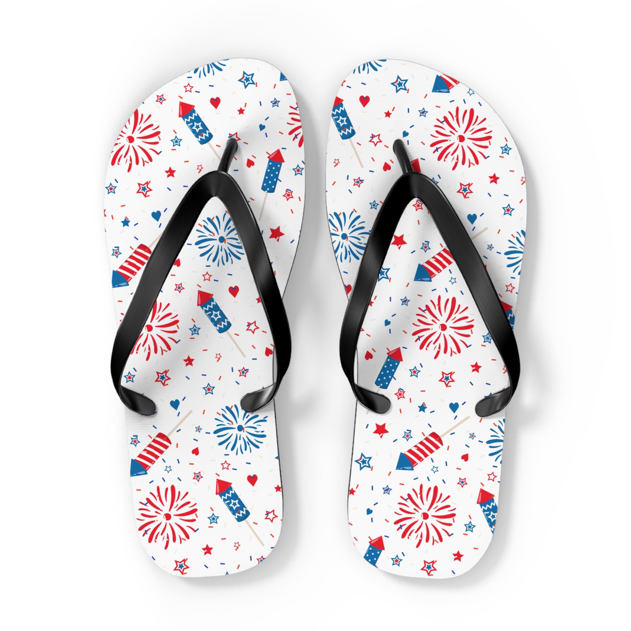 Patriotic Flip Flops Fireworks, Stars Hearts July 4th Sandals | Red White & Blue Summer Shoes -Razels
