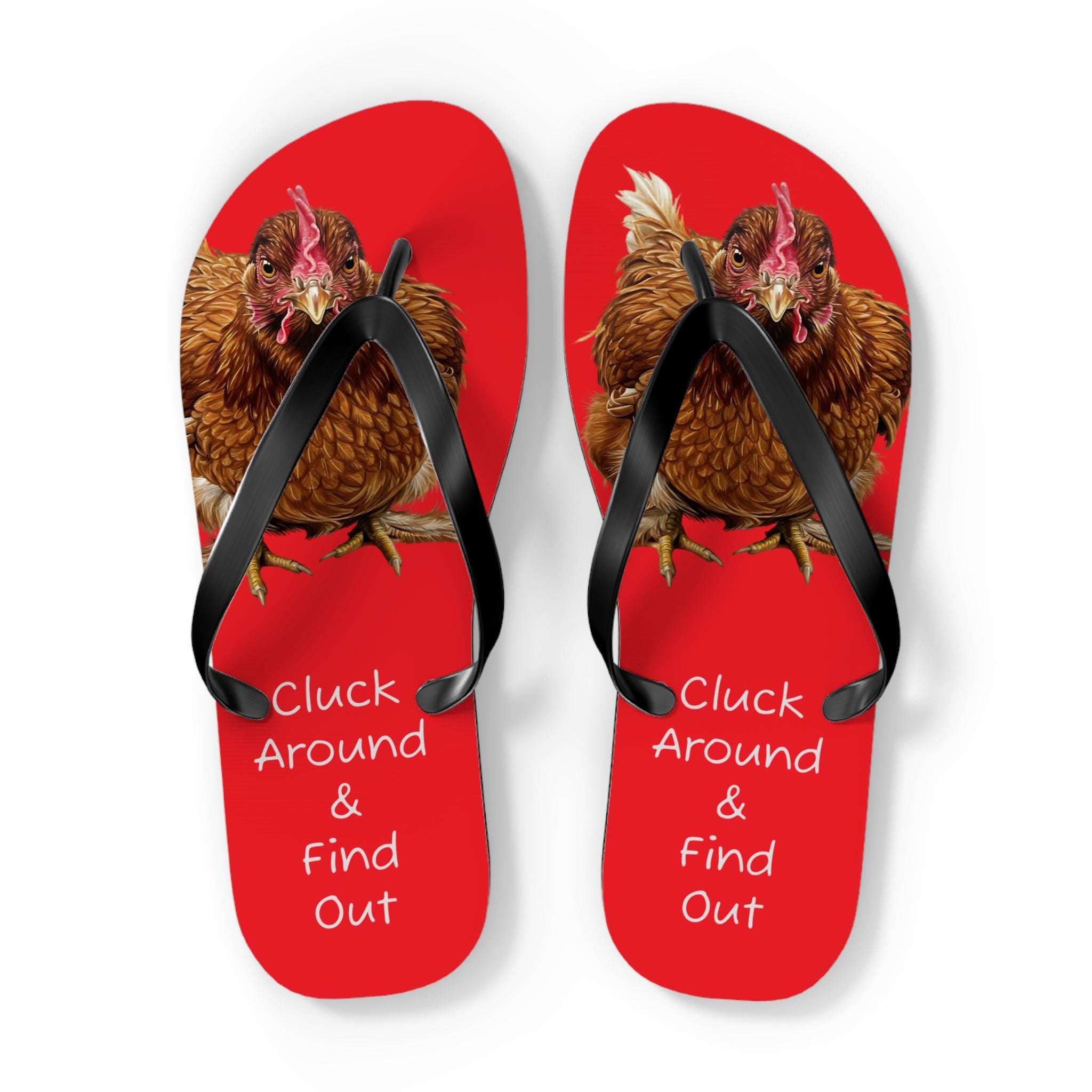 🐔 Red Hen Flip Flops – “Cluck Around & Find Out”

✓ Soft polyester suede lining – feels like a cozy hug for your feet
✓ Lightweight EVA sole – flexible, cushy, and perfect for daily wear
✓ Slip-resistant texture – so you don’t lay an egg on slippery pool decks
✓ Vibrant red print with bold hen graphics + her signature catchphrase
✓ Available in multiple sizes for all types of chick(en)s 🐣
✓ Made to order – production time: 3 days | shipping: 2–5 days
✓ FREE shipping on orders $35+ 🚚