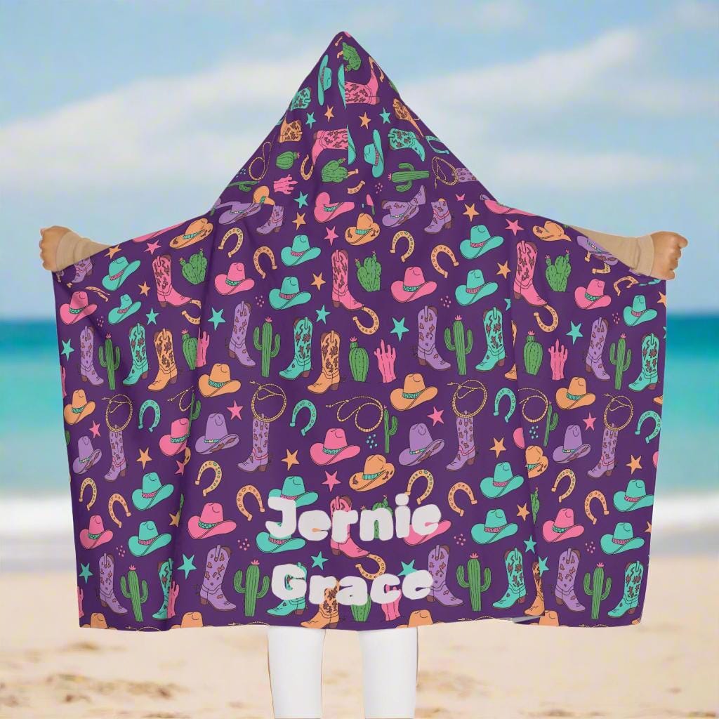 Personalized Cowgirl Hooded Towel: Western Cactus, Boots, Horseshoes