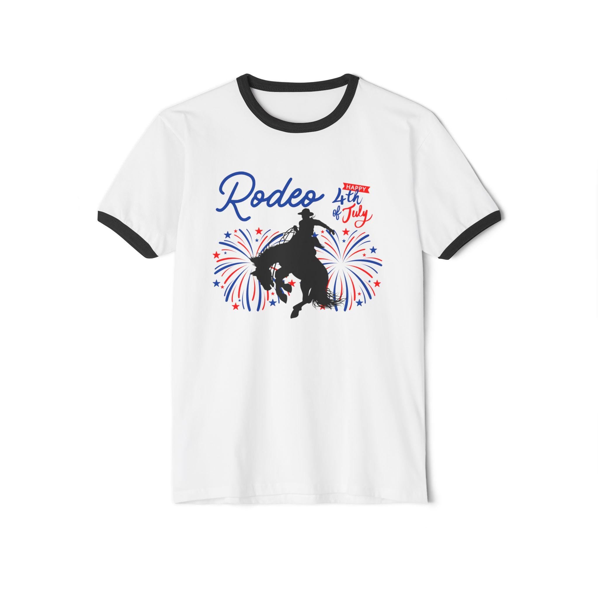 Rodeo Cowboy 4th of July Shirt, Western Ringer Tee with Fireworks Design -Razels