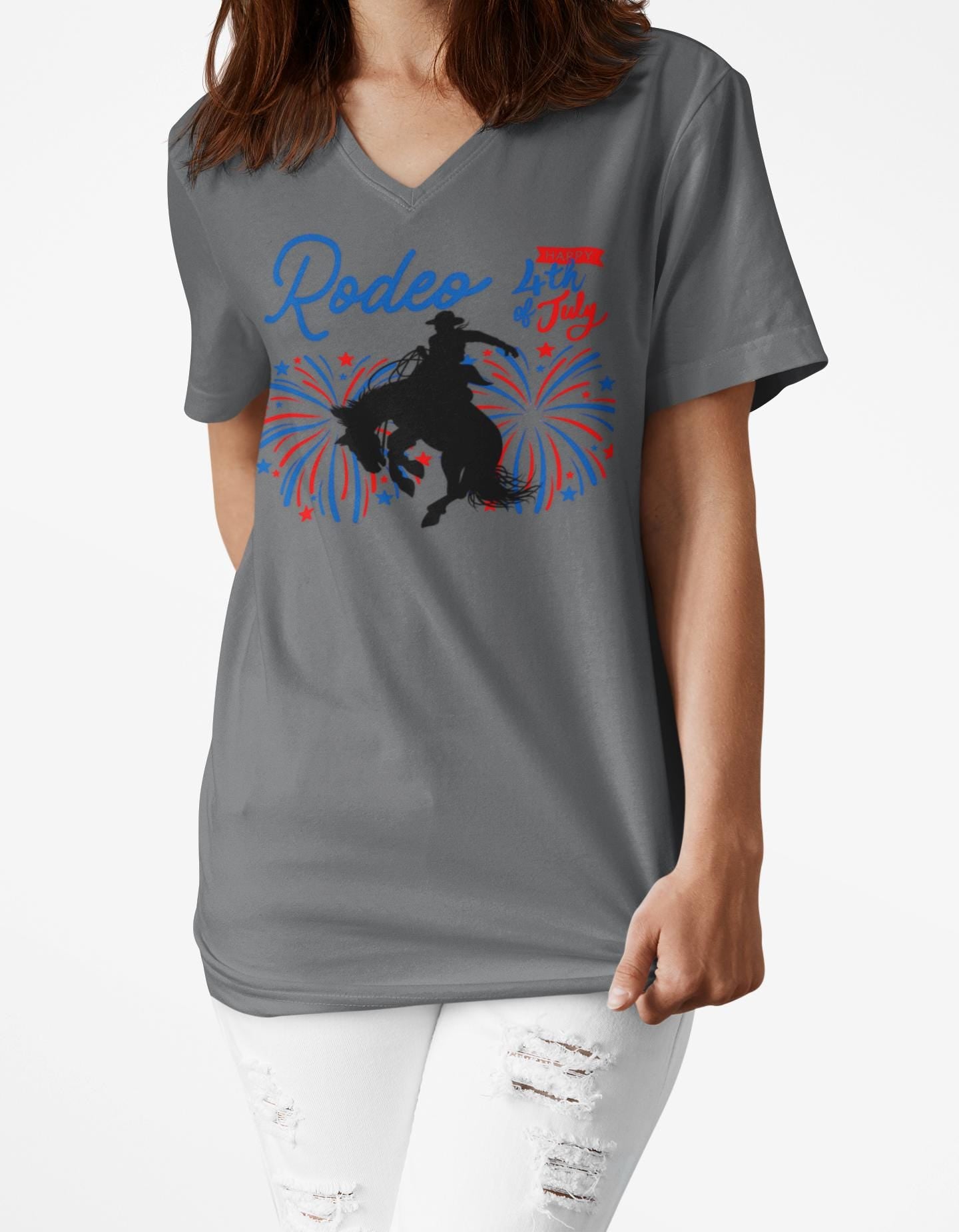 Rodeo Celebration V-Neck – Patriotic Bronc Rider Tee for the 4th of July
Get ready to rodeo into the Fourth of July with style! This unisex V-neck tee features our bold bronc silhouette blasting through red, white, and blue fireworks—bringing big Western energy to your Independence Day fun 
✓ 100% lightweight cotton for all-day comfort
✓ Flattering retail fit with classic V-neckline
✓ Ethically produced and fair-labor certified
✓ Unisex sizing – great for everyone