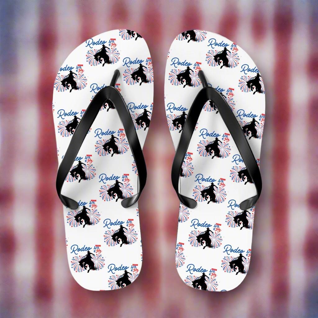 4th of July Flip Flops, Patriotic Sandals, Red White and Blue Bronc Rider Western Sandals for Men & Women -Razels