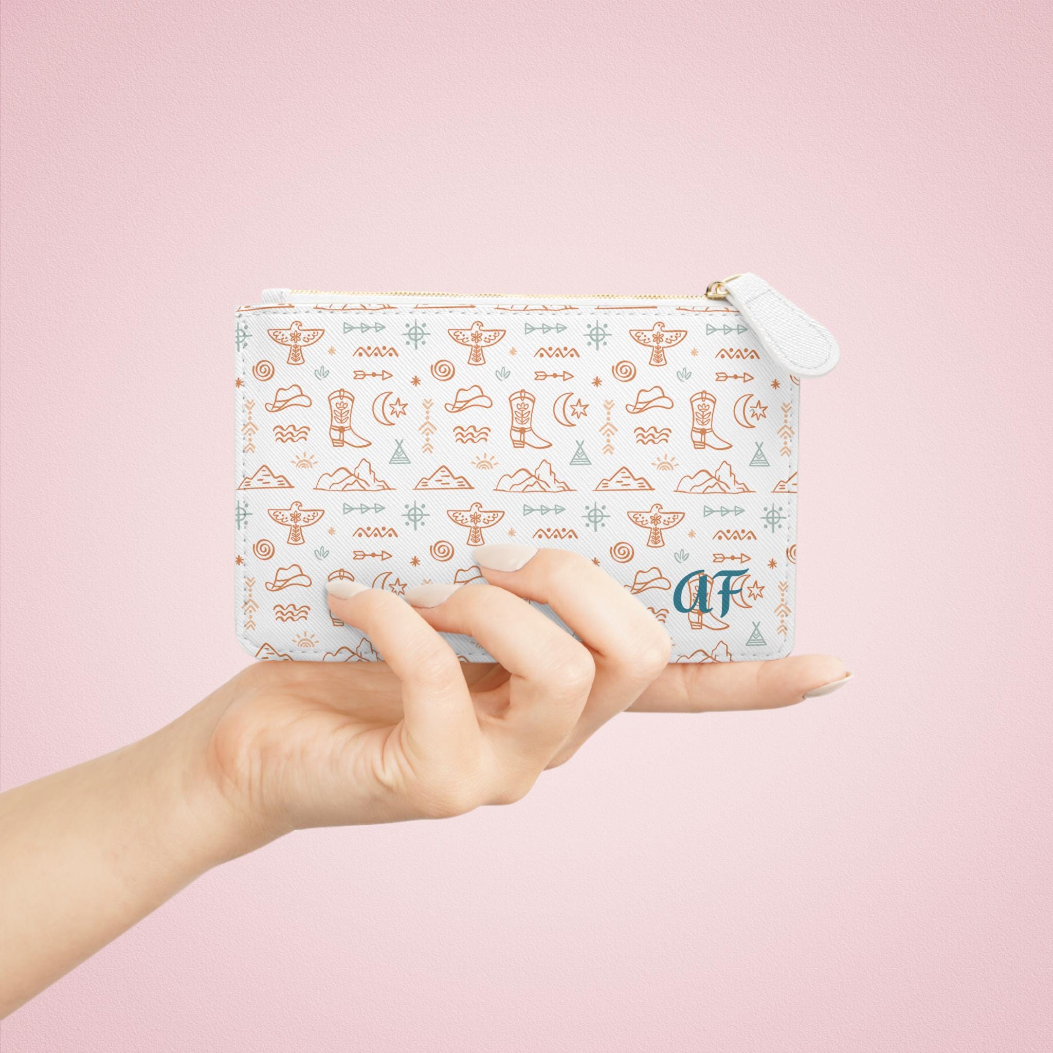 Personalized Western Mini Clutch, Beige & Turquoise Cowgirl Zip Bag with Name or Initials | Faux Leather Purse for Girls, Gifts, Travel -Razels