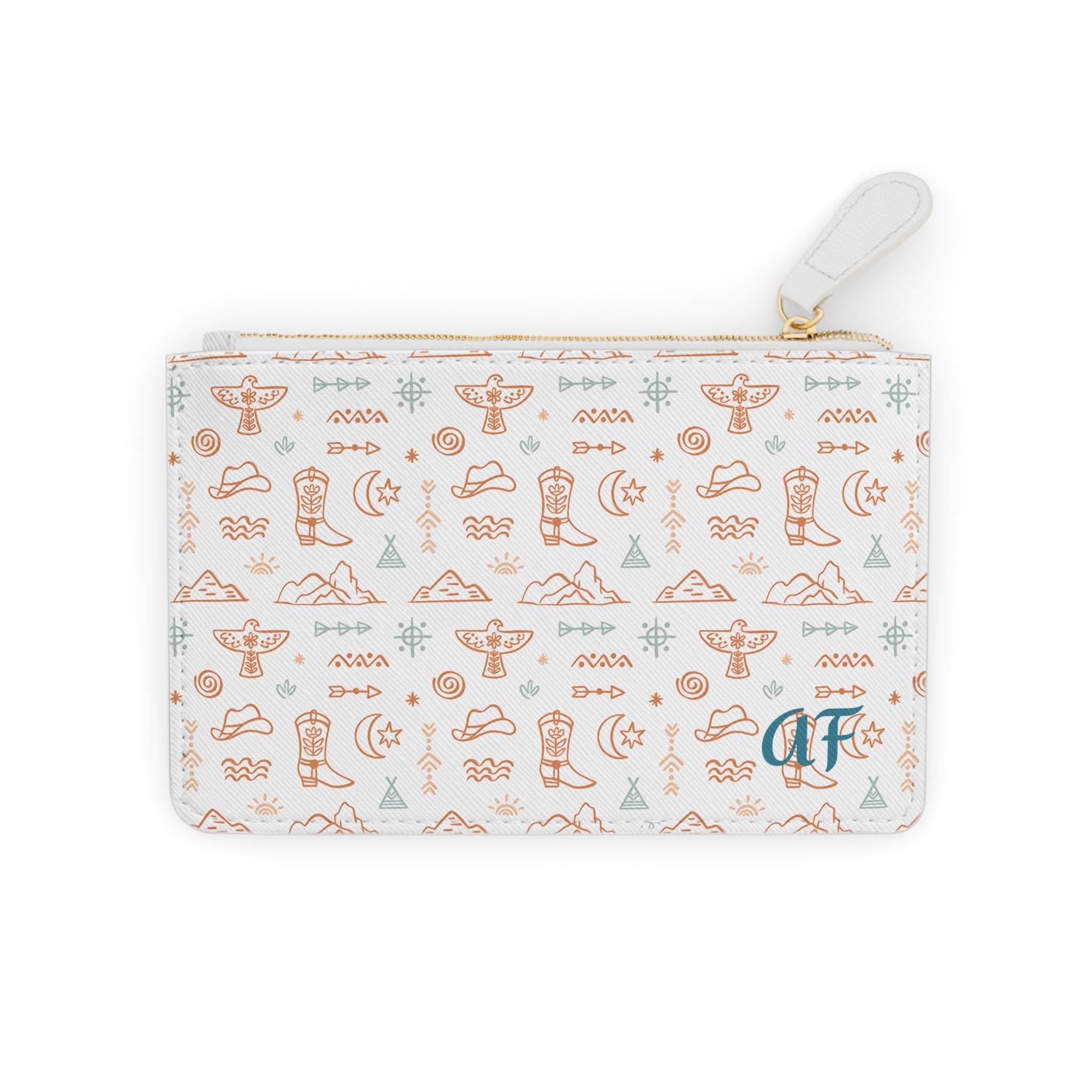 Personalized Western Mini Clutch, Beige & Turquoise Cowgirl Zip Bag with Name or Initials | Faux Leather Purse for Girls, Gifts, Travel -Razels