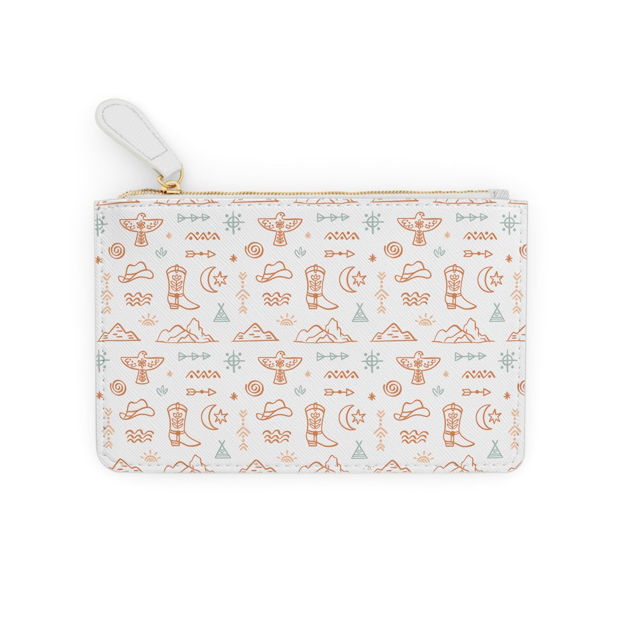 Personalized Western Mini Clutch, Beige & Turquoise Cowgirl Zip Bag with Name or Initials | Faux Leather Purse for Girls, Gifts, Travel -Razels