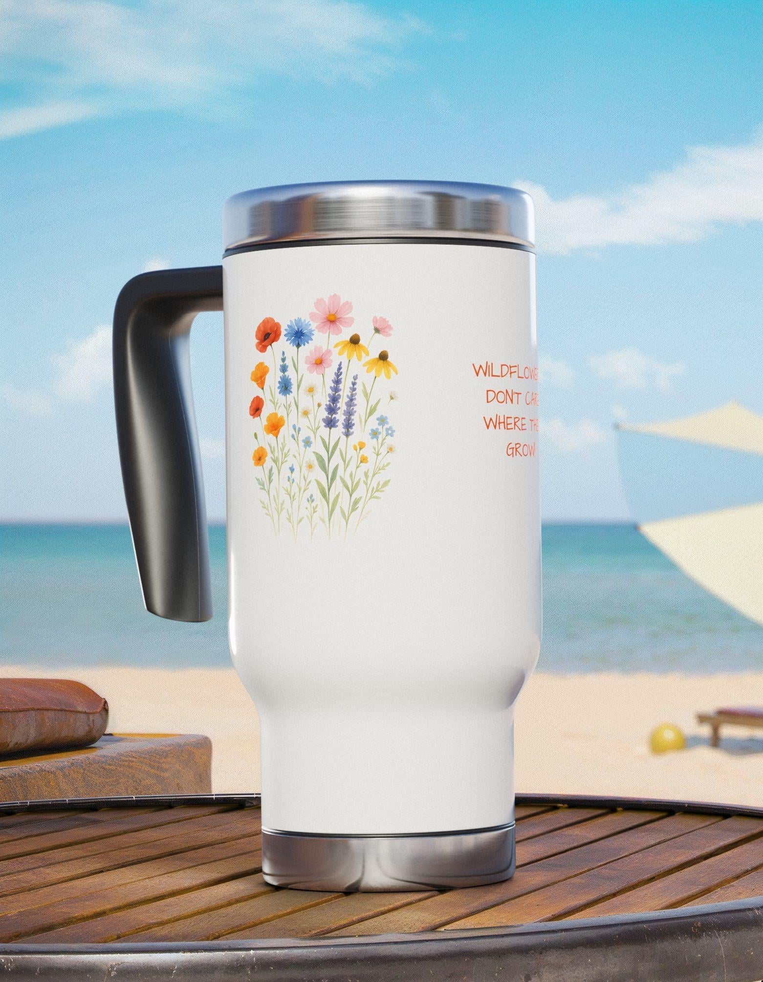 This floral stainless steel travel mug is the perfect blend of function and inspiration. Choose our featured quote—“Wildflowers don’t care where they grow”—or personalize it with your own name, message, or favorite wildflower phrase. 

✓ Customizable: Add a name or custom quote to make it yours 🌿
✓ Durable 100% stainless steel construction
✓ Plastic insulation keeps drinks hot or cold
✓ Glossy finish for vibrant floral design ✨
✓ Spill-resistant cap for life on the go
