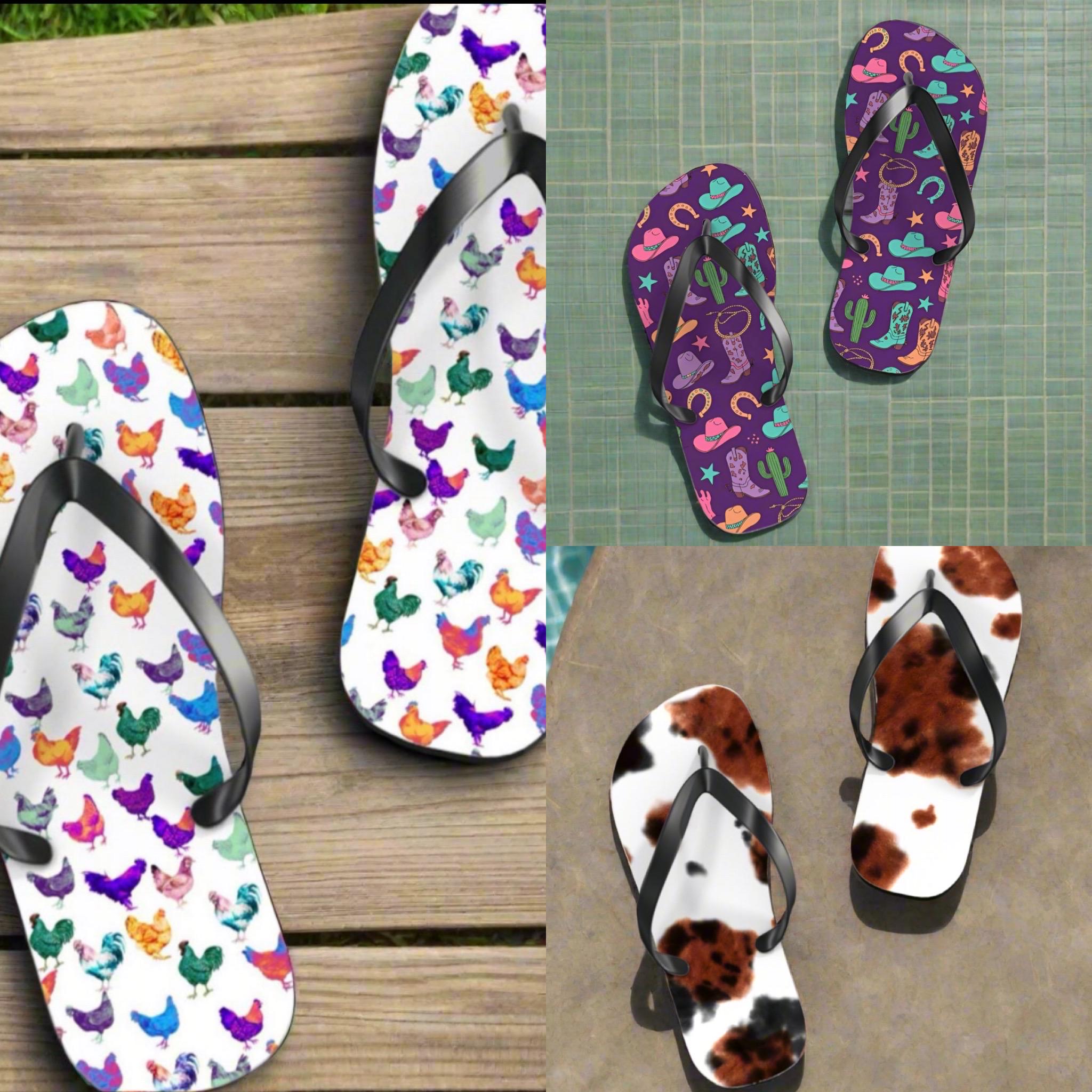 Cow Print Flip Flops, Brindle Cowhide Cowgirl Sandals