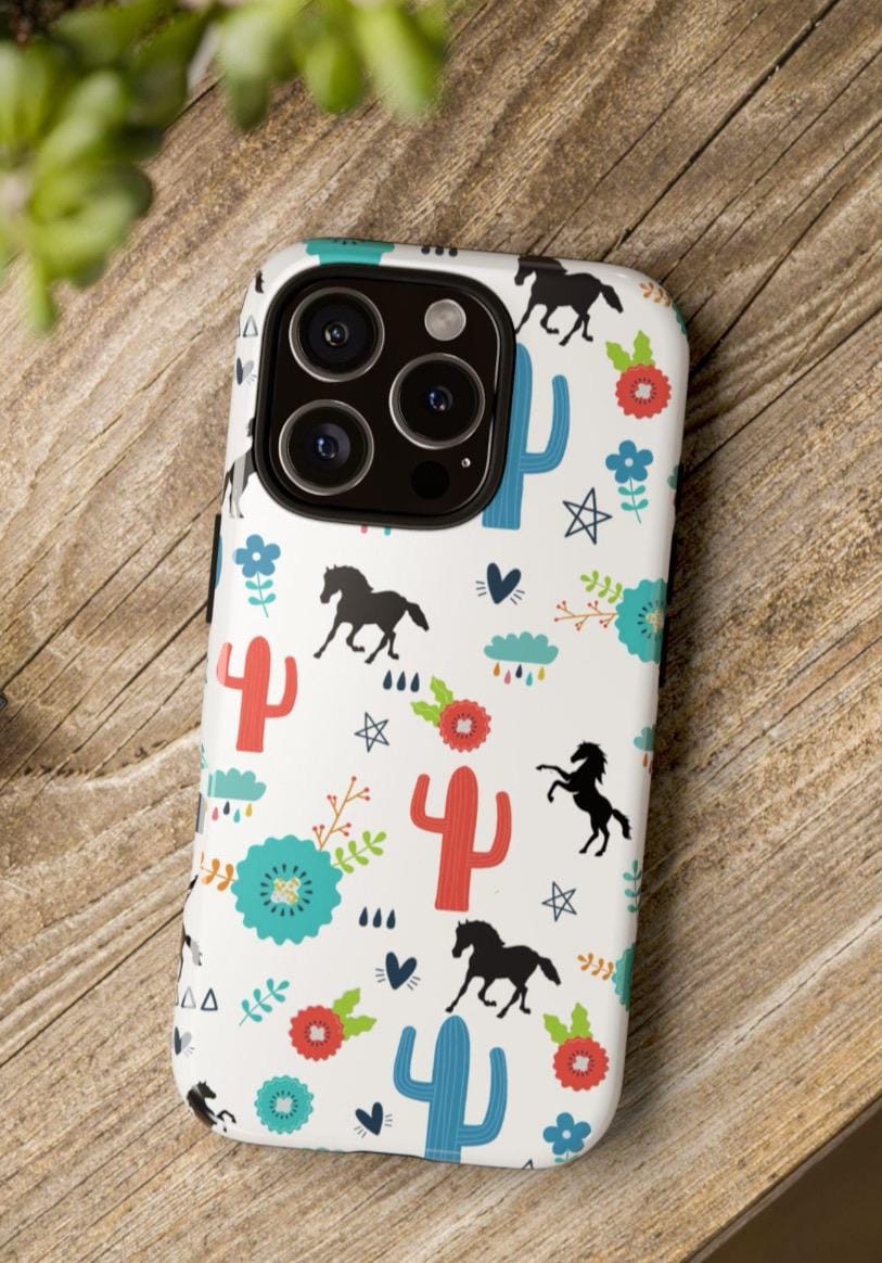 Wild West Horse Print Phone Case, Colorful Cowgirl Desert Design -Razels