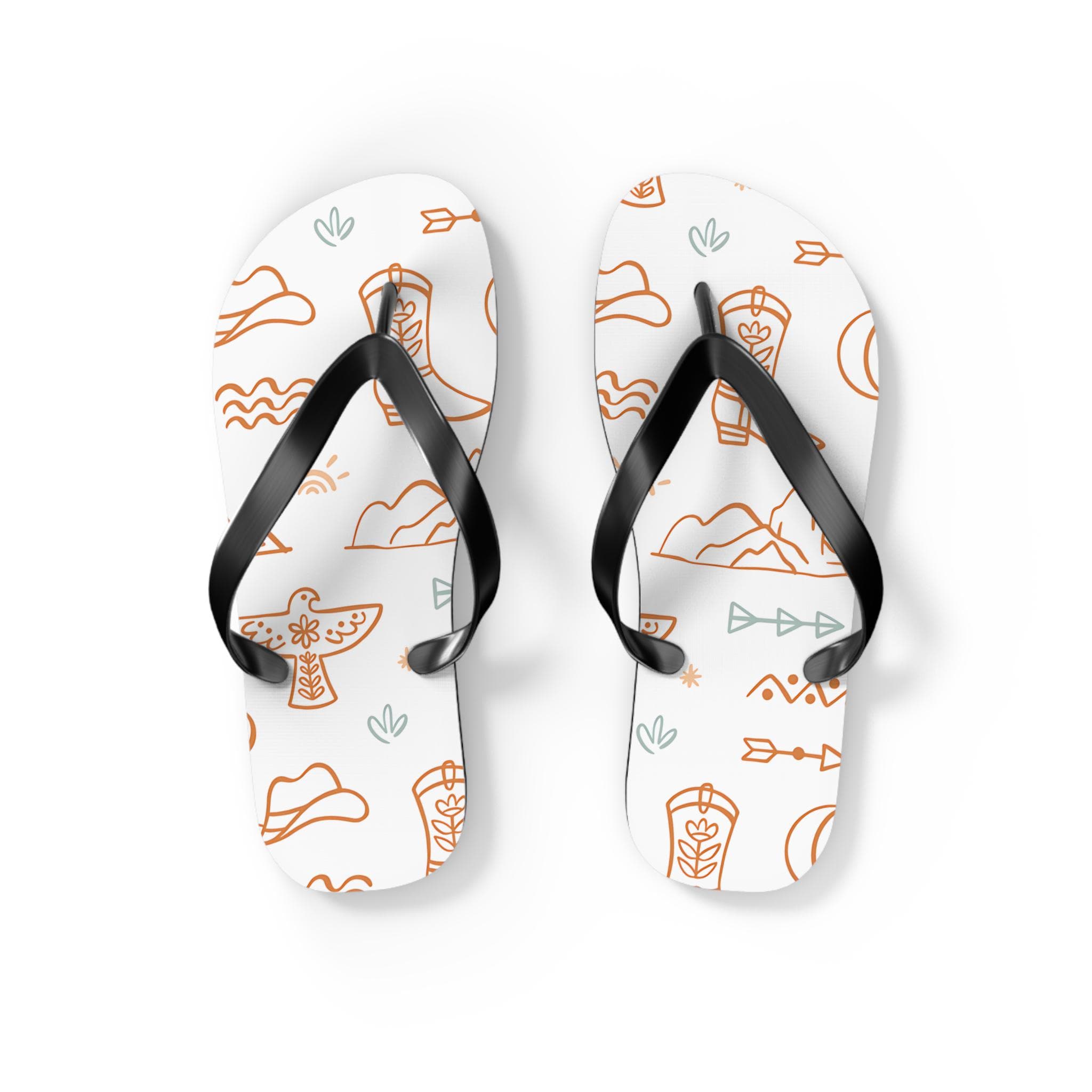COWGIRL FLIPFLOPS, WESTERN MOTIF FLIPFLOPS, 
SUMMER COWGIRL
✓ Soft polyester suede straps that are gentle on your skin
✓ Cushy, lightweight EVA sole for all-day wear
✓ Non-slip design for poolside sips and rocky path detours
✓ Eye-catching western pattern packed with thunderbirds, arrows, boots & mountains
✓ Easygoing style perfect for lake days, rodeo nights, or porch sittin’ with sweet tea
✓ Multiple sizes so every cowgirl (and cowboy) can find their fit