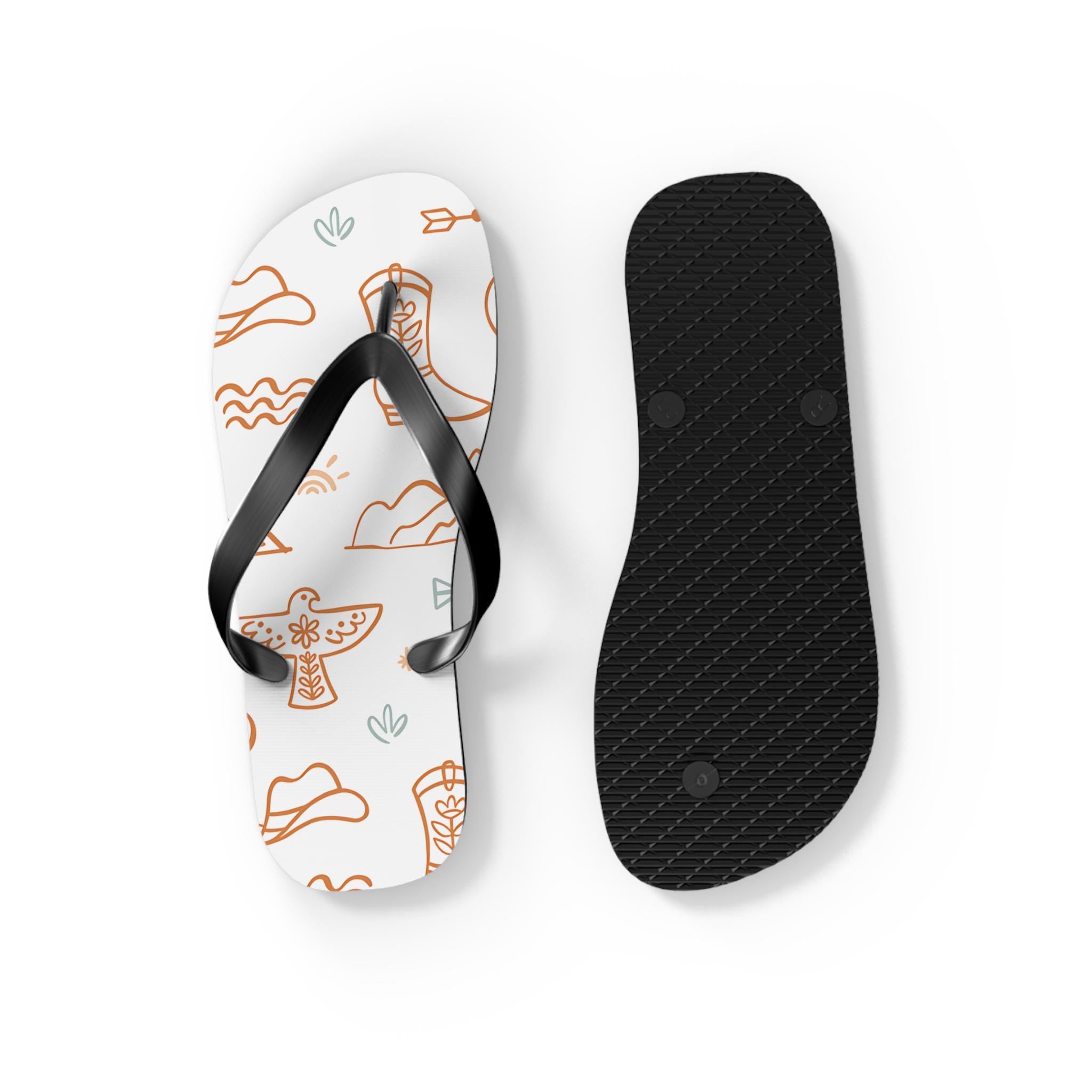 COWGIRL FLIPFLOPS, WESTERN MOTIF FLIPFLOPS, 
SUMMER COWGIRL
✓ Soft polyester suede straps that are gentle on your skin
✓ Cushy, lightweight EVA sole for all-day wear
✓ Non-slip design for poolside sips and rocky path detours
✓ Eye-catching western pattern packed with thunderbirds, arrows, boots & mountains
✓ Easygoing style perfect for lake days, rodeo nights, or porch sittin’ with sweet tea
✓ Multiple sizes so every cowgirl (and cowboy) can find their fit
