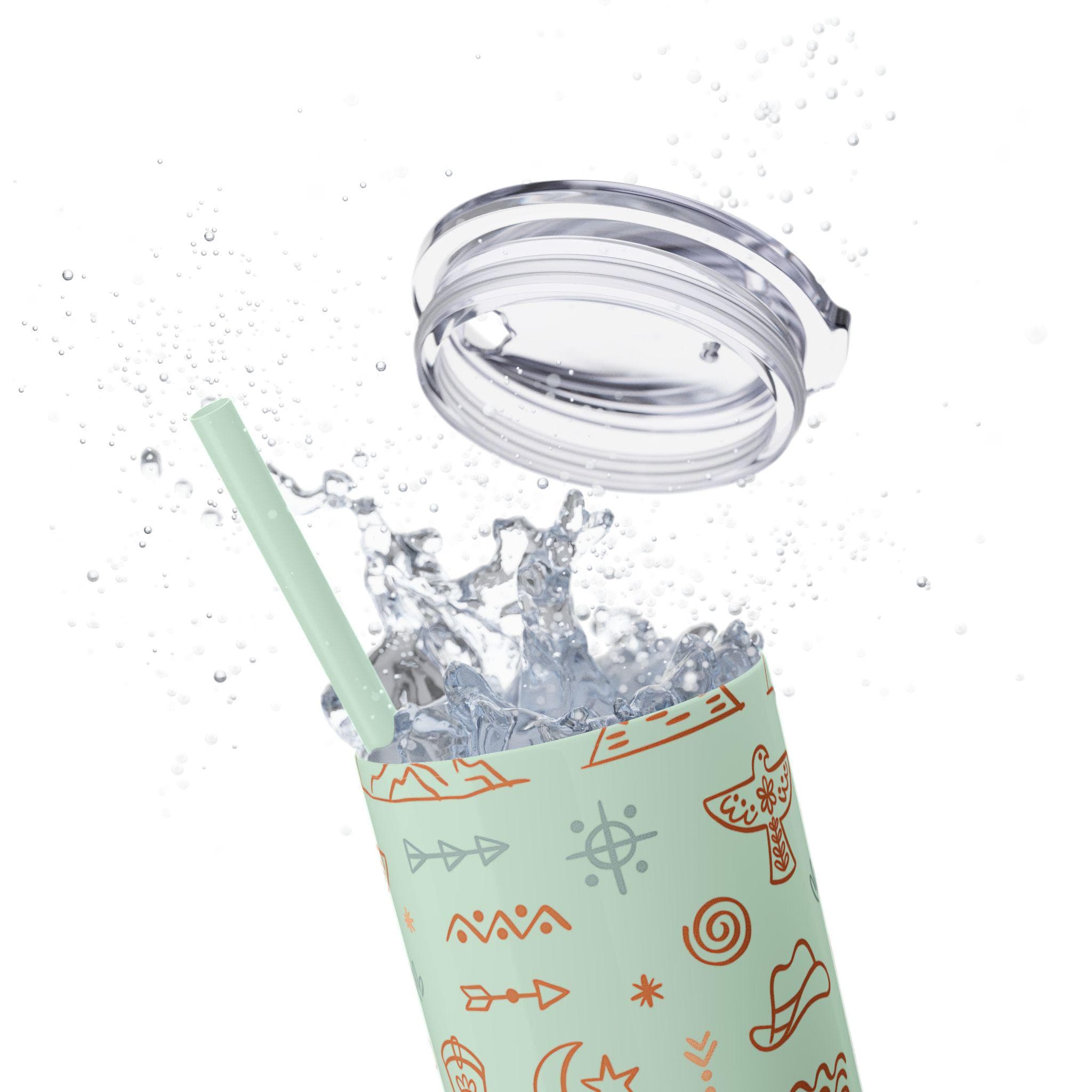 WESTERN SKINNY TUMBLER, COWBOY TUMBLER, COWGIRL TUMBLER FEATURING: allover boho western print featuring thunderbirds, mountains, cowboy hats, boots, and other iconic Western symbols. Double-wall insulation  Available in 8 stunning colors, including glitter options  Includes a clear plastic lid with a color-matching straw ✅ Made from durable, non-toxic stainless steel and BPA-free plastic. ✅ Slim, tapered design fit SHIPS FREE W/ $35+ PURCHASE