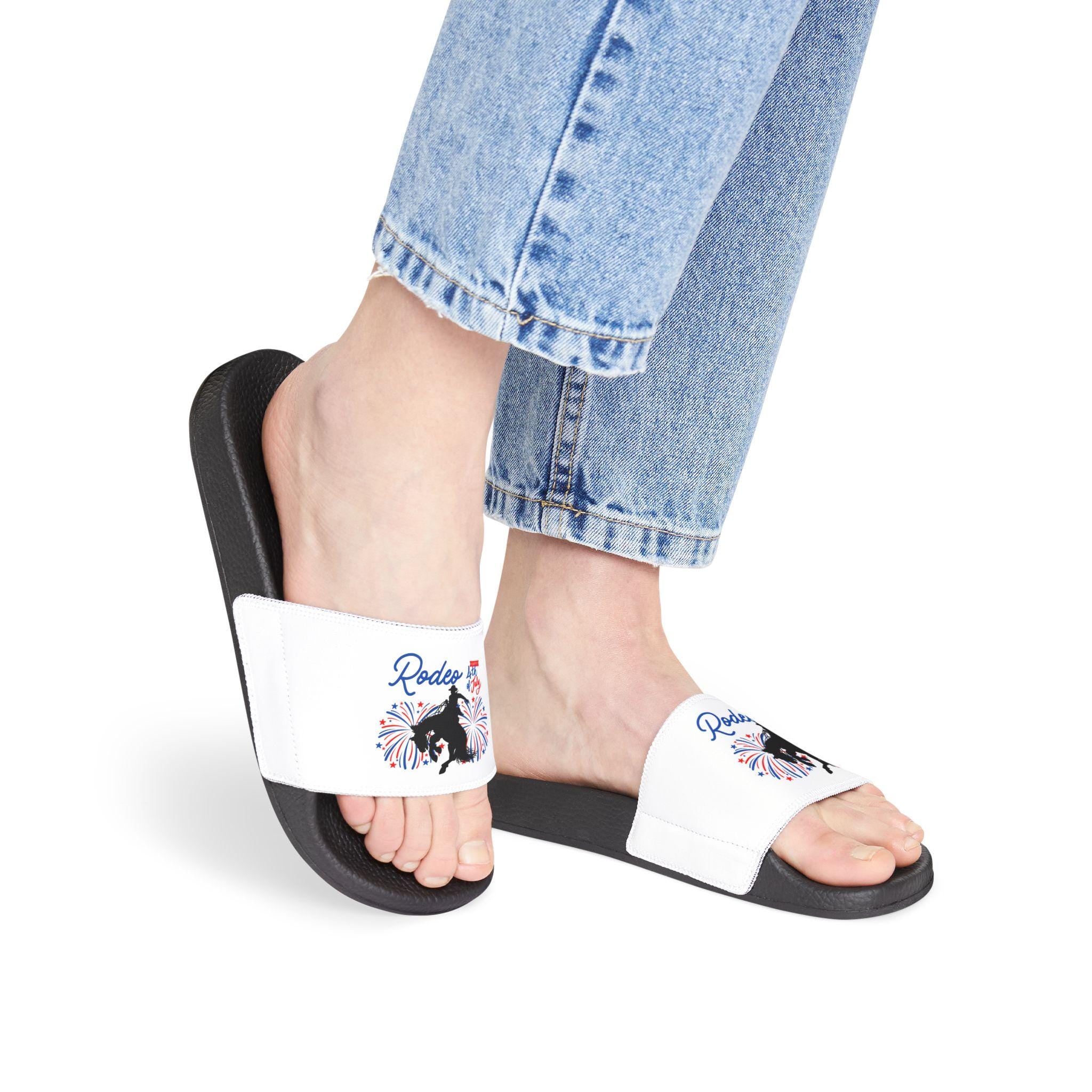 Womens 4th of July Sandals, Patriotic Cowgirl Slides, Red White and Blue Rodeo Bronc Sandals, Western Summer Shoes -Razels