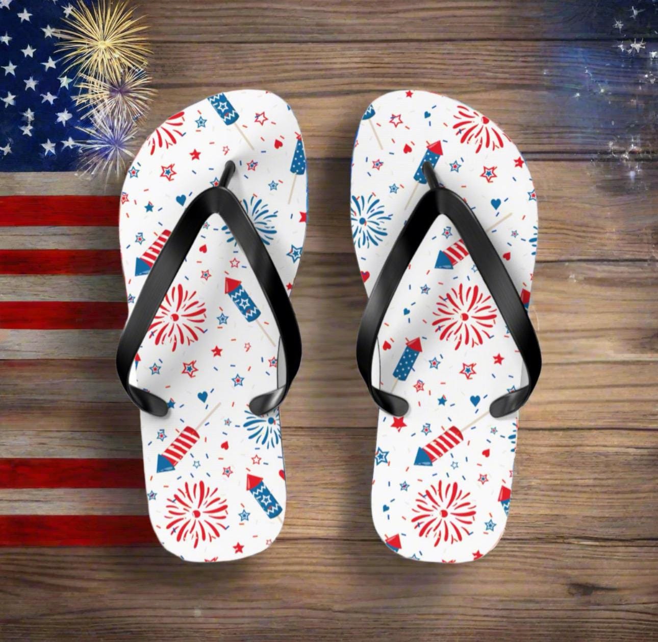 Patriotic Flip Flops Fireworks, Stars Hearts July 4th Sandals | Red White & Blue Summer Shoes -Razels