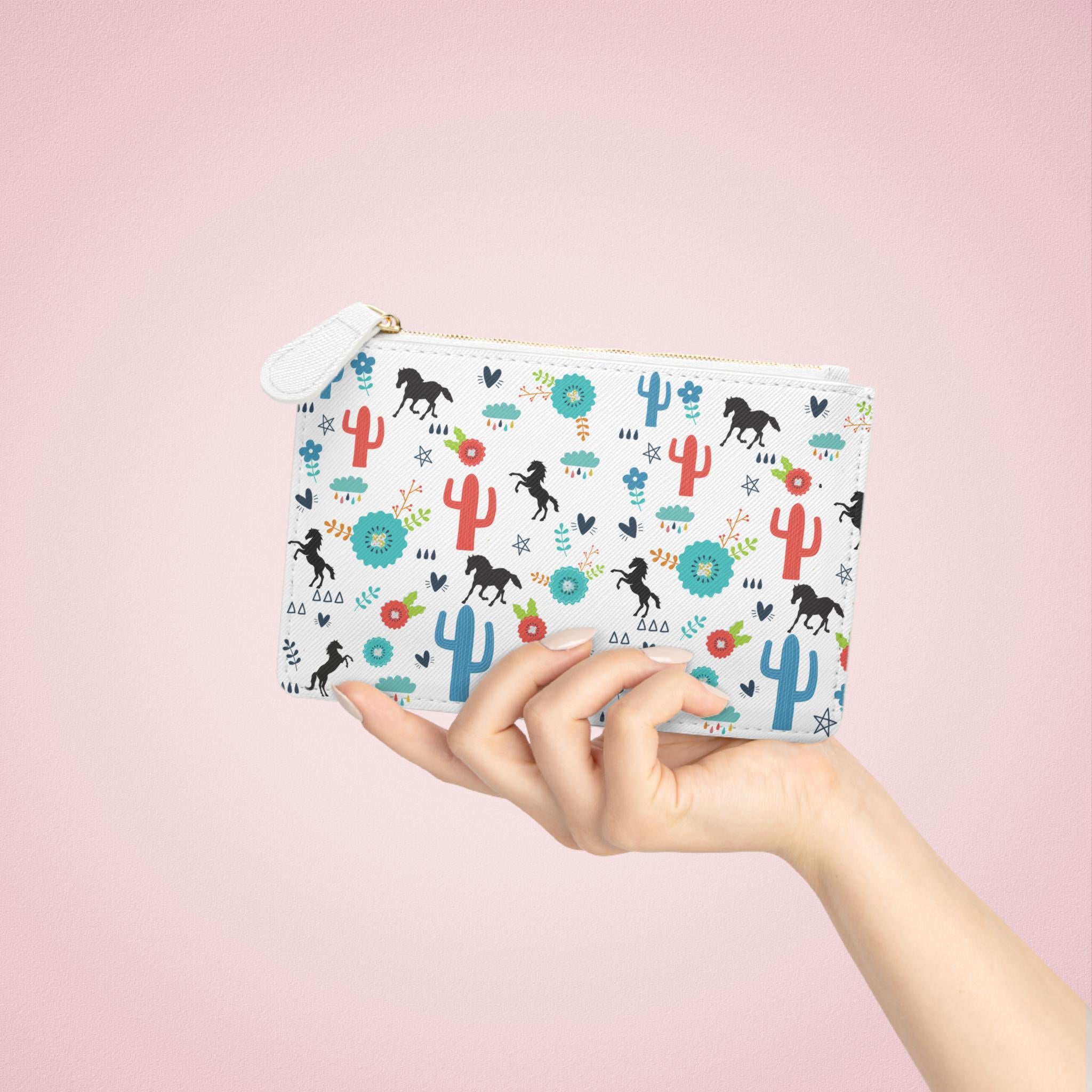 Personalized Cowgirl Mini Clutch: Horse Cactus Print Faux Leather Purse