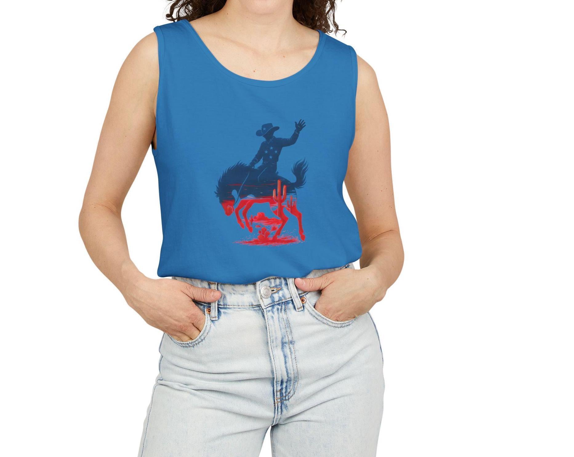 Patriotic Cowboy Tank Top, Bucking Horse 4th of July Shirt, Unisex Rodeo Tank, Country Western Summer Top, USA Tank