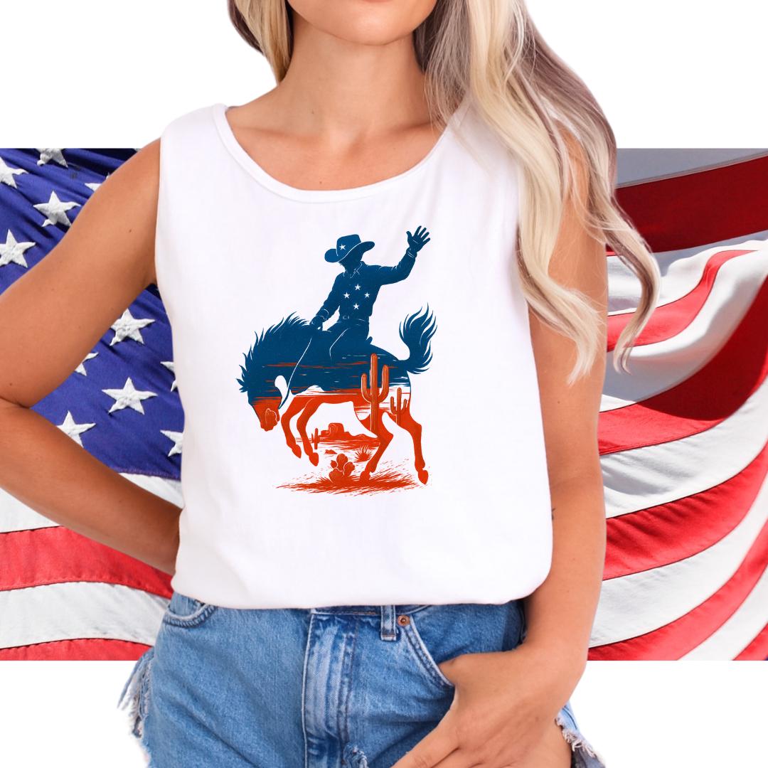 Patriotic Cowboy Tank Top, Bucking Horse 4th of July Shirt, Unisex Rodeo Tank, Country Western Summer Top, USA Tank