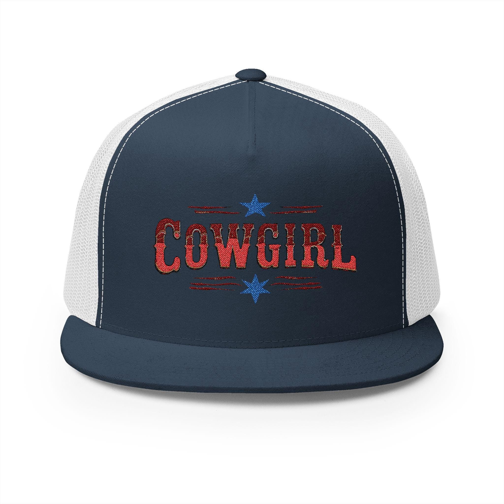 Add a bold pop of Western charm to your summer with this trendy cowgirl trucker cap! Whether you&#39;re headed to a rodeo, BBQ, beach day, or just kicking back with friends, this 5-panel hat brings retro style and comfort in one cool package.
✅ Structured five-panel design with flat bill
✅ Breathable mesh back for warm weather comfort
✅ Adjustable snapback closure for a custom fit
✅ Made from a soft cotton/nylon/poly blend
✅ Embroidered &quot;Cowgirl&quot; design in red, white, and blue for
