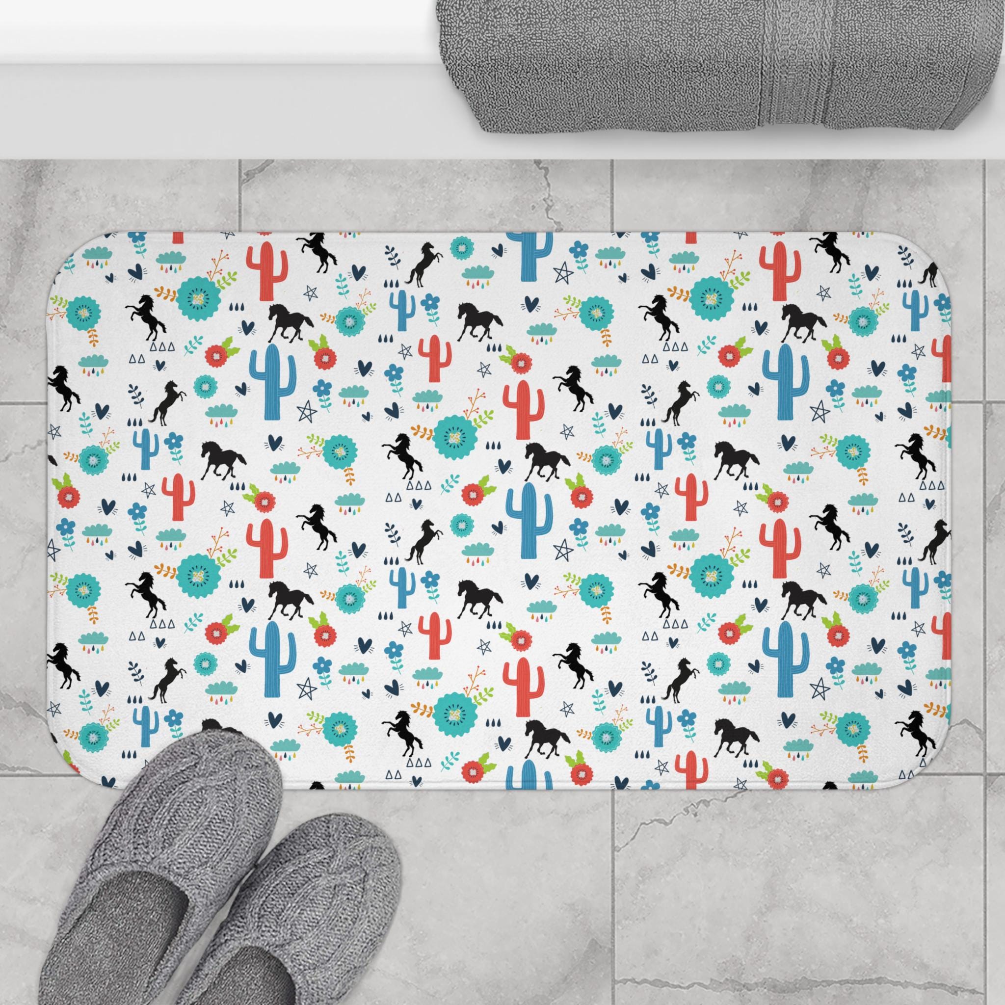 Horse Bathroom Mat, Western Floral Bath Mat, Cactus Design, Boho Bathroom Rug, Cozy Memory Foam Mat, Kids Bathroom Decor