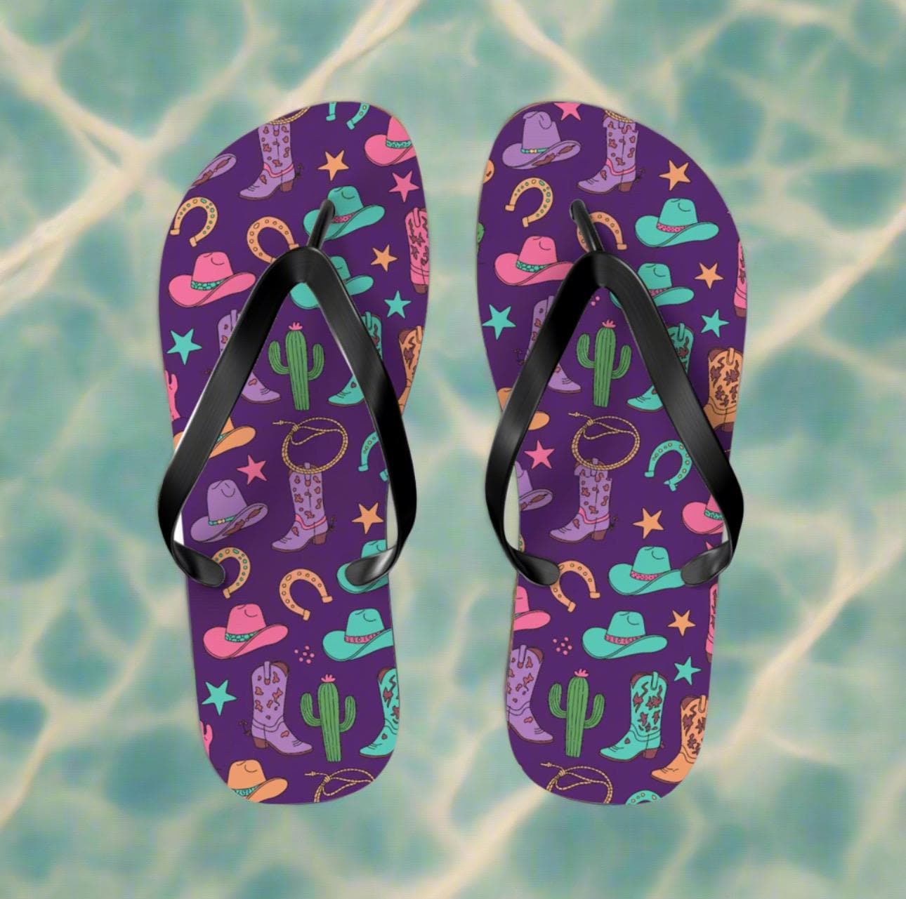 Cowgirl Flip Flops, Purple Sandals, Western Motif, Western Flip Flops, Western Slip On Sandals -Razels