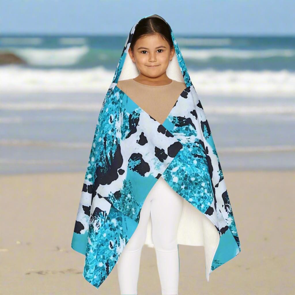 Personalized Cow Print Hooded Towel, Turquoise Glitter Cow Toddler Bath Towel, Custom Name Pool Towel, Beach Wrap, Western Summer Gift -Razels