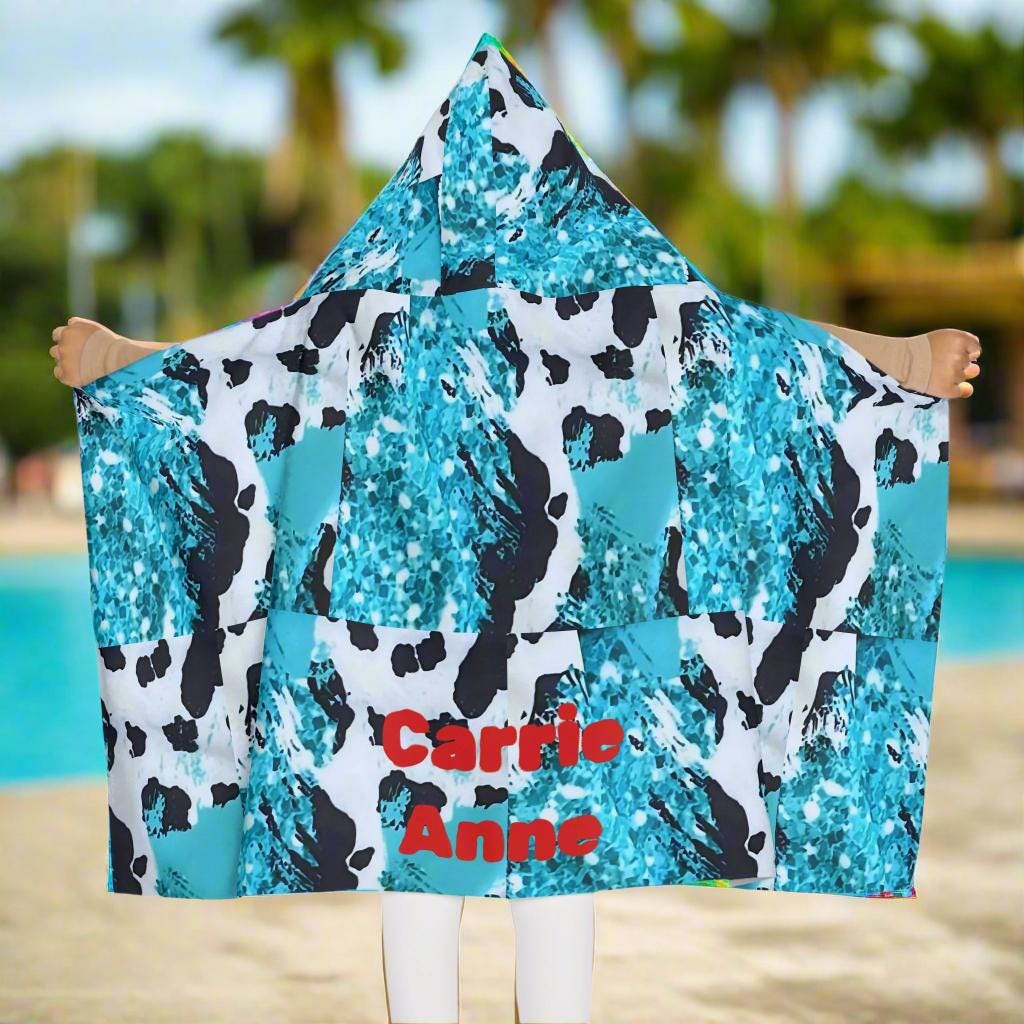 Personalized Cow Print Hooded Towel, Turquoise Glitter Cow Toddler Bath Towel, Custom Name Pool Towel, Beach Wrap, Western Summer Gift -Razels