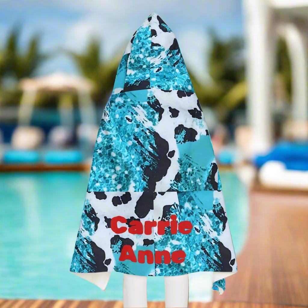 Personalized Cow Print Hooded Towel, Turquoise Glitter Cow Toddler Bath Towel, Custom Name Pool Towel, Beach Wrap, Western Summer Gift -Razels