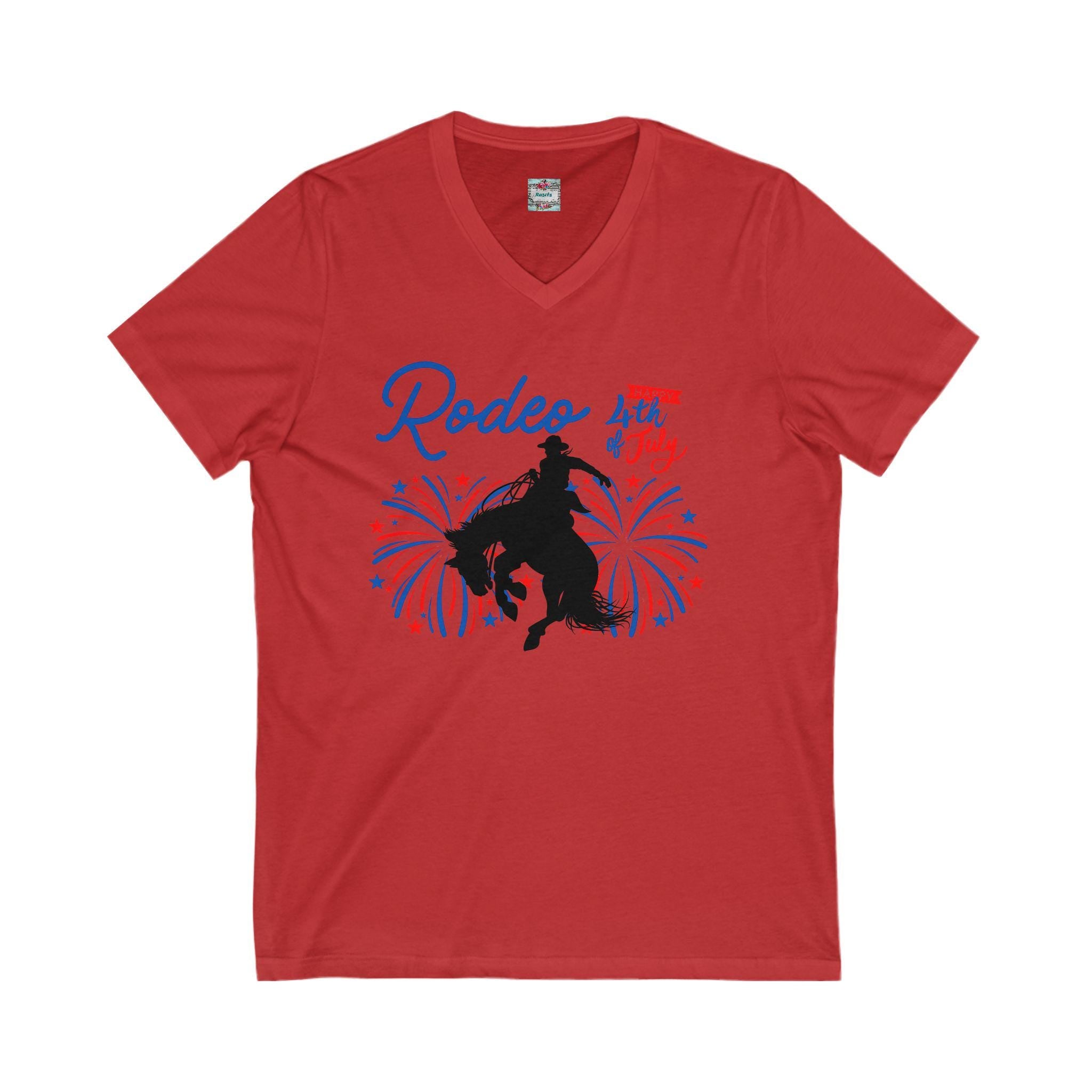 Rodeo Celebration V-Neck – Patriotic Bronc Rider Tee for the 4th of July
Get ready to rodeo into the Fourth of July with style! This unisex V-neck tee features our bold bronc silhouette blasting through red, white, and blue fireworks—bringing big Western energy to your Independence Day fun 
✓ 100% lightweight cotton for all-day comfort
✓ Flattering retail fit with classic V-neckline
✓ Ethically produced and fair-labor certified
✓ Unisex sizing – great for everyone