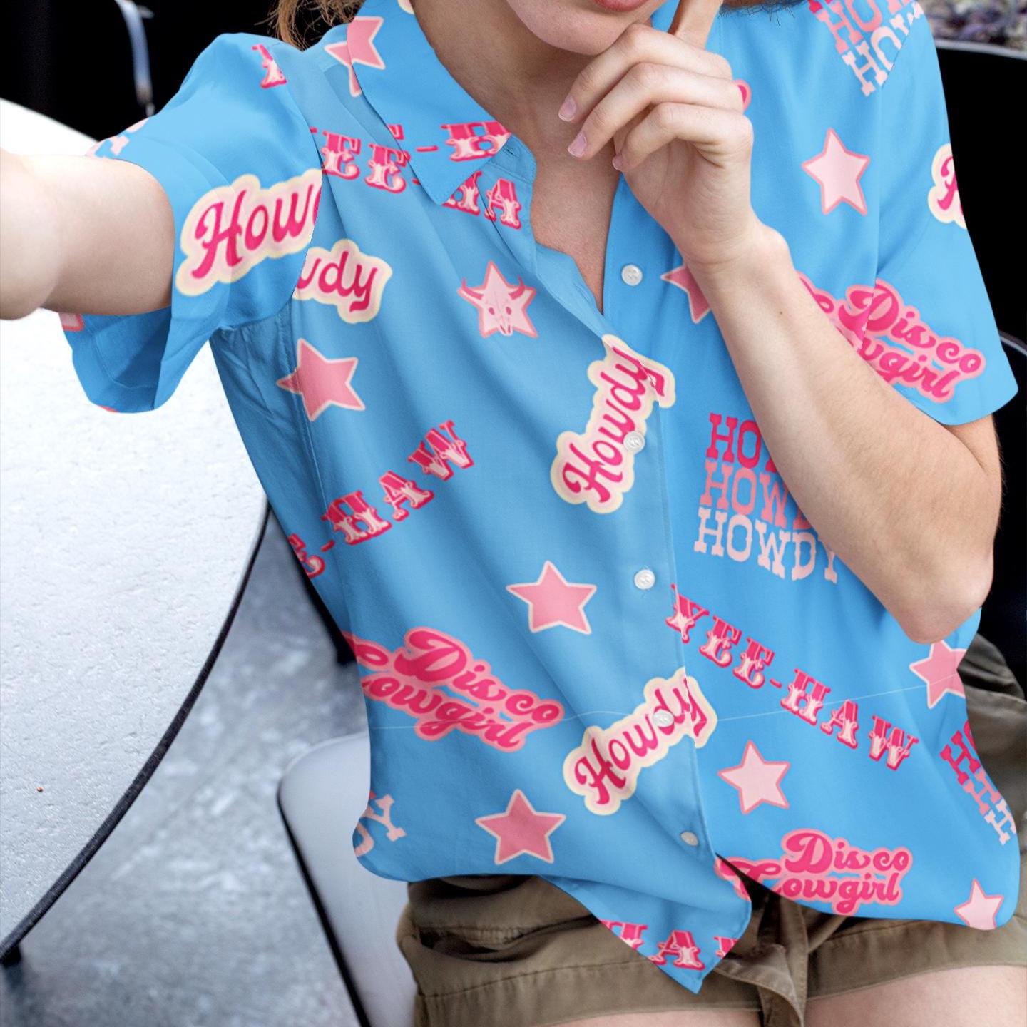 Howdy Western Hawaiian Shirt, Disco Cowgirl, Pink & Blue Cowgirl Button Down, Yeehaw Vibes
