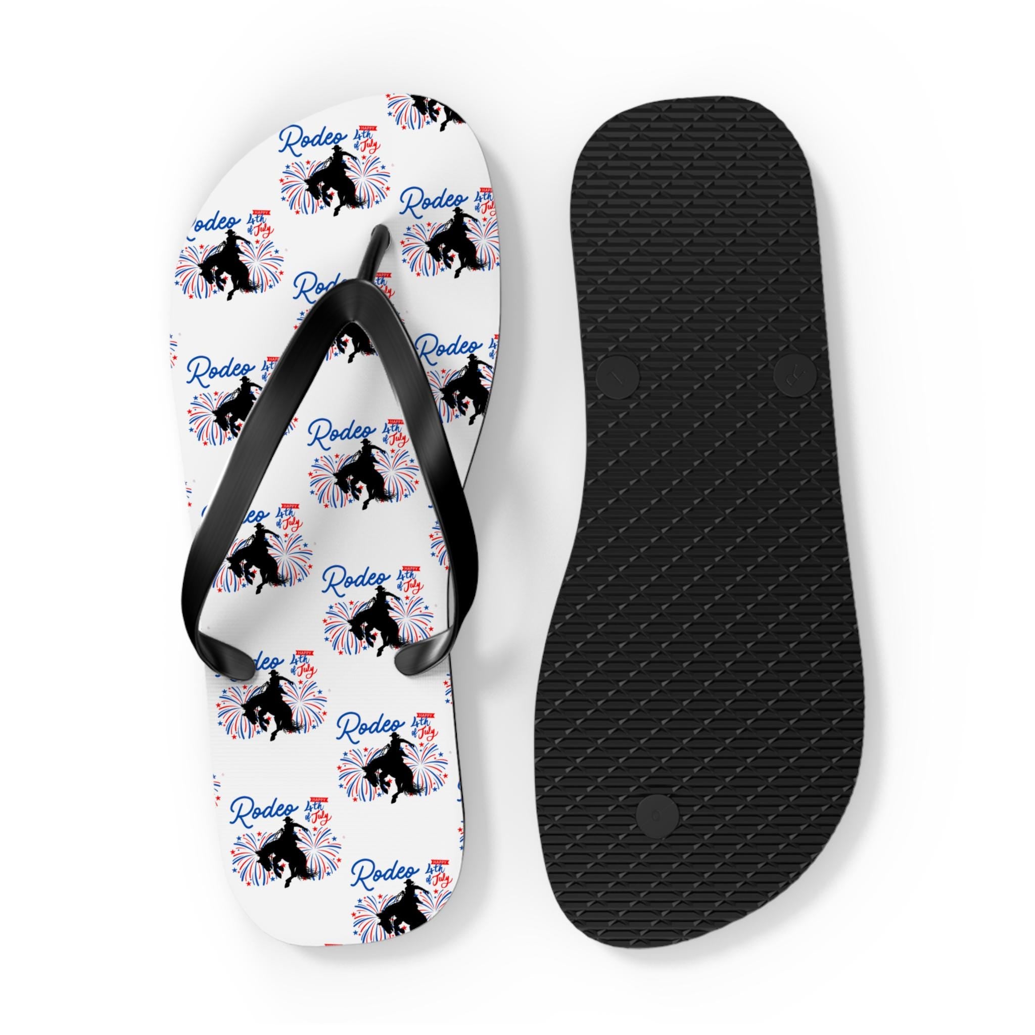 4th of July Flip Flops, Patriotic Sandals, Red White and Blue Bronc Rider Western Sandals for Men & Women -Razels