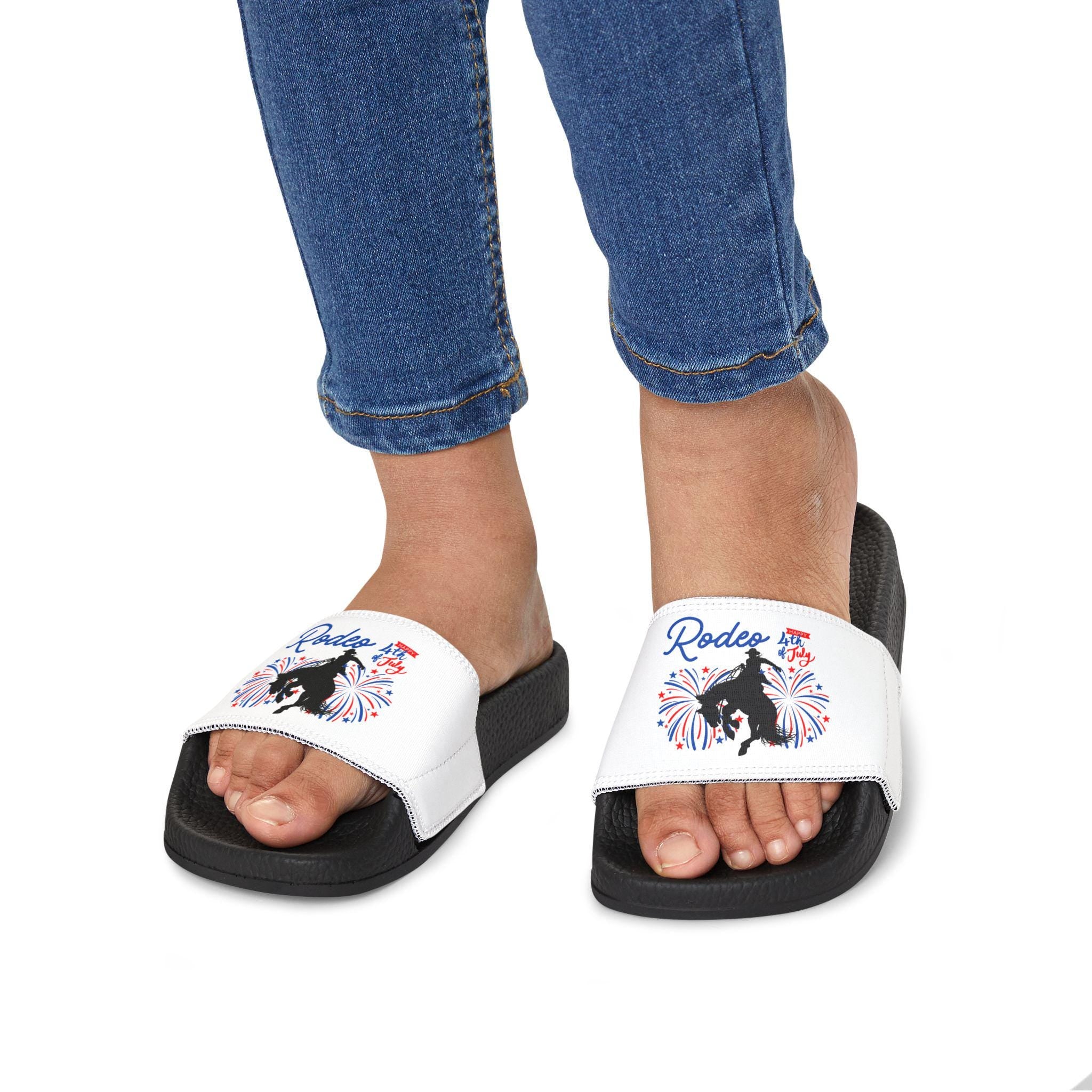 Kids 4th of July Slide Sandals, Red White Blue Summer Sandals, Rodeo Kid Sandals, Patriotic Bronc Rider Western Slides -Razels