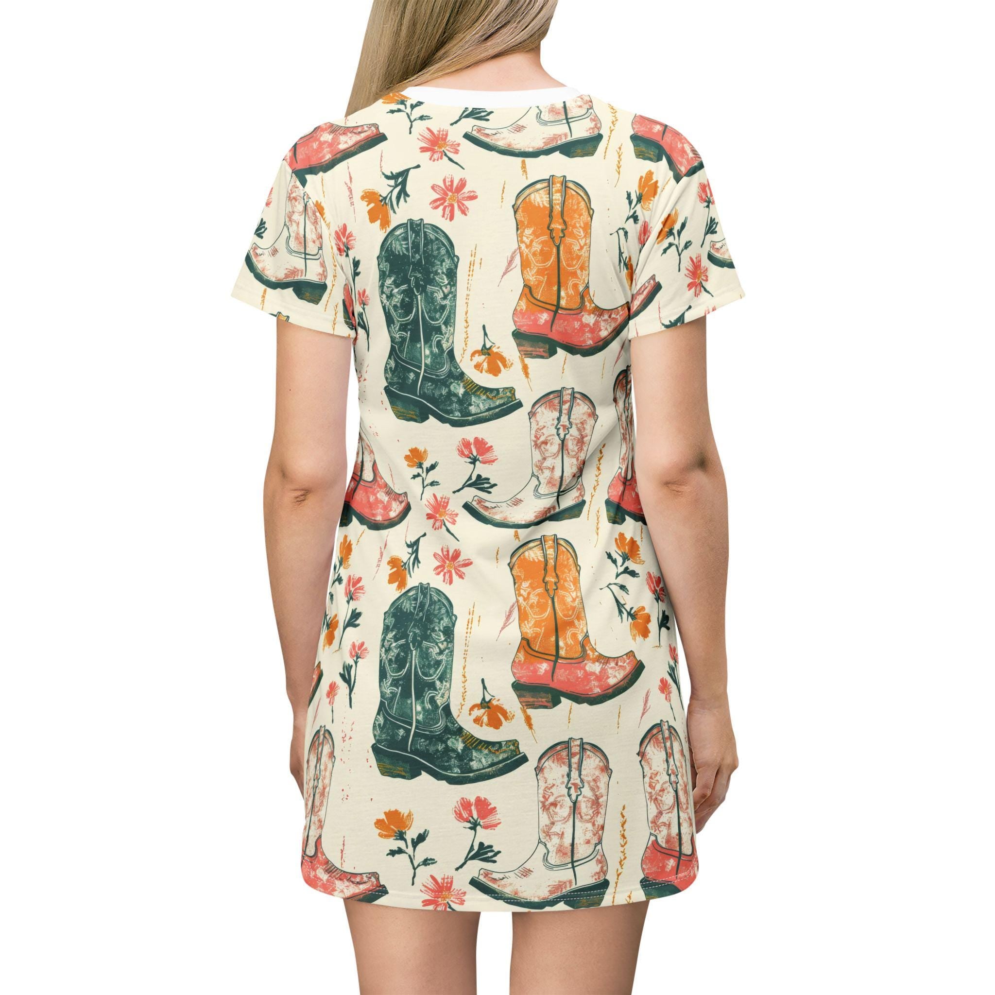 Floral Cowgirl Boots T-Shirt Dress - Western Boho Summer Casual Boot Print Dress for Women