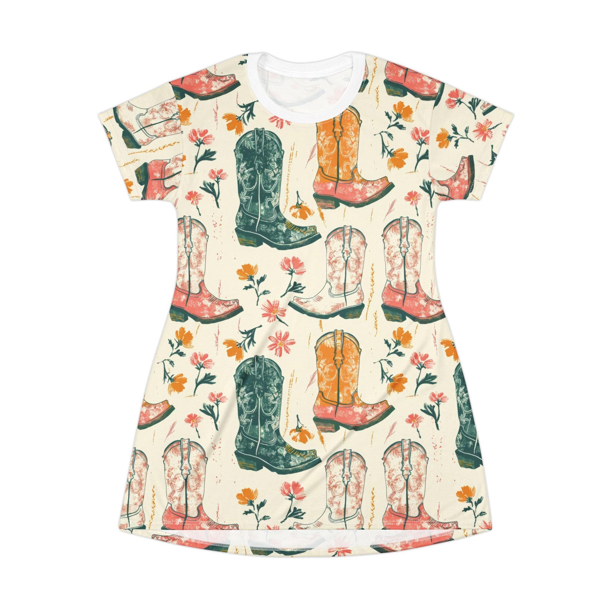 Floral Cowgirl Boots T-Shirt Dress - Western Boho Summer Casual Boot Print Dress for Women