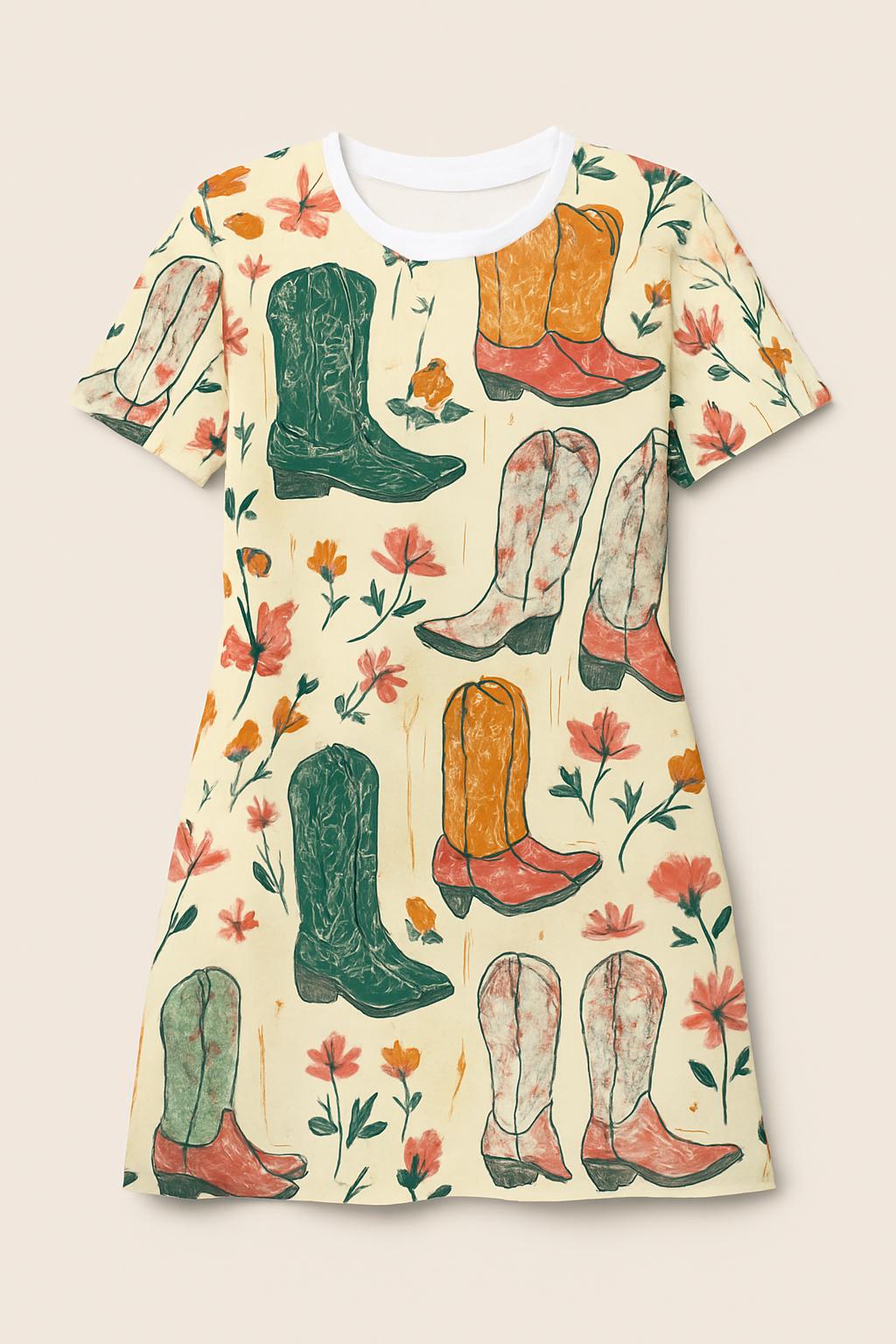 Floral Cowgirl Boots T-Shirt Dress - Western Boho Summer Casual Boot Print Dress for Women
