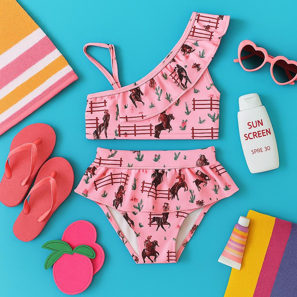 🌟 COWGIRL SWIMSUIT | PINK Cowgirl | Ruffled Swimsuit | Retro Cowgirls | Western Bikini 🌟

The Wild West just got a whole lot sweeter with this Pink Cowgirl Swimsuit! 💕🤠 With vintage cowgirl prints, adorable ruffles, and a bold Western vibe, this swimsuit is ready to steal the show.

✨ Features you’ll love:
✅ Adjustable shoulder strap for the perfect fit.
✅ Fully lined front for comfort and durability.
✅ High-quality swimsuit material that’s made to last.