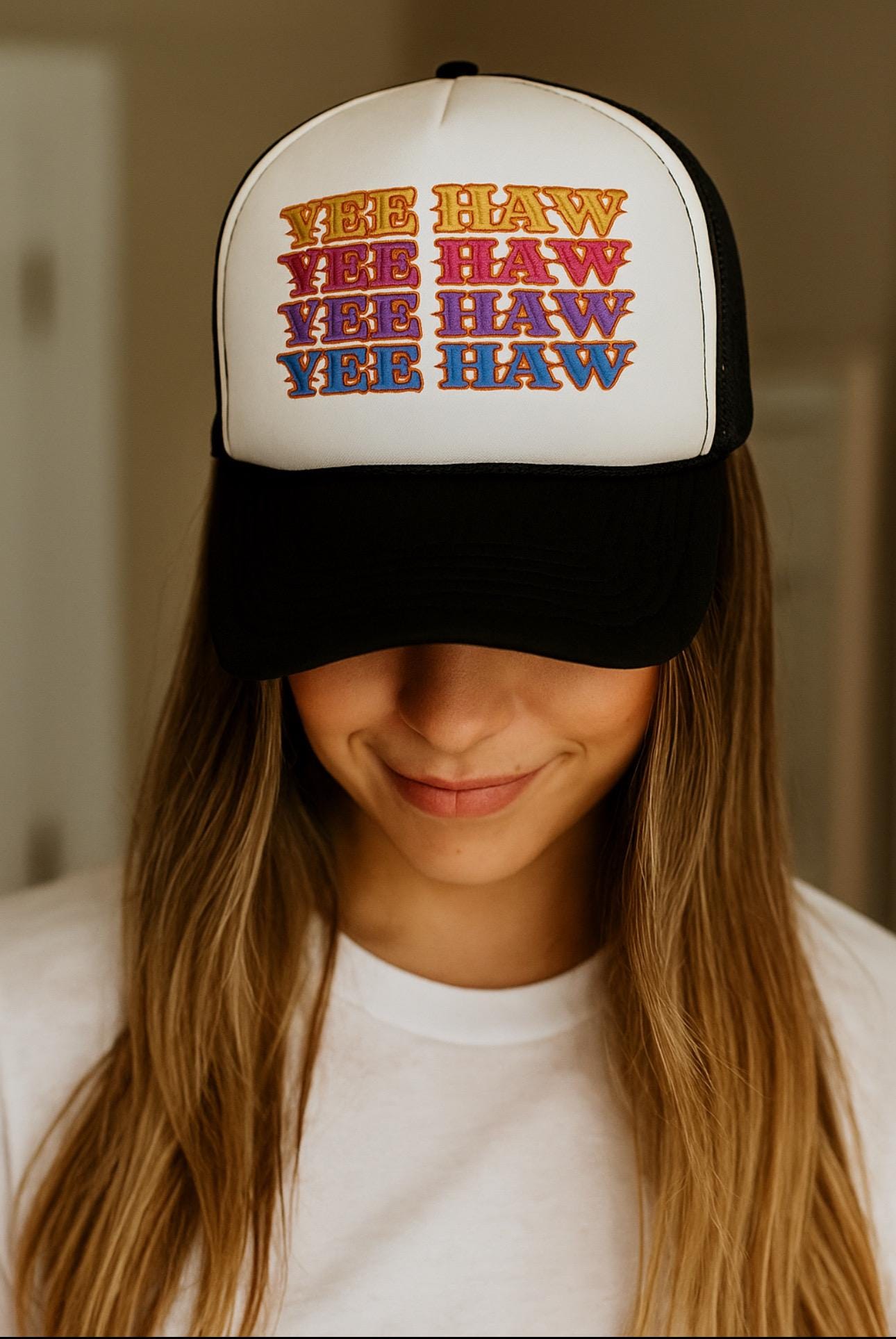 Retro YEEHAW Foam Trucker Hat, Embroidered Cowgirl Cap, Western Summer Hat, -Razels