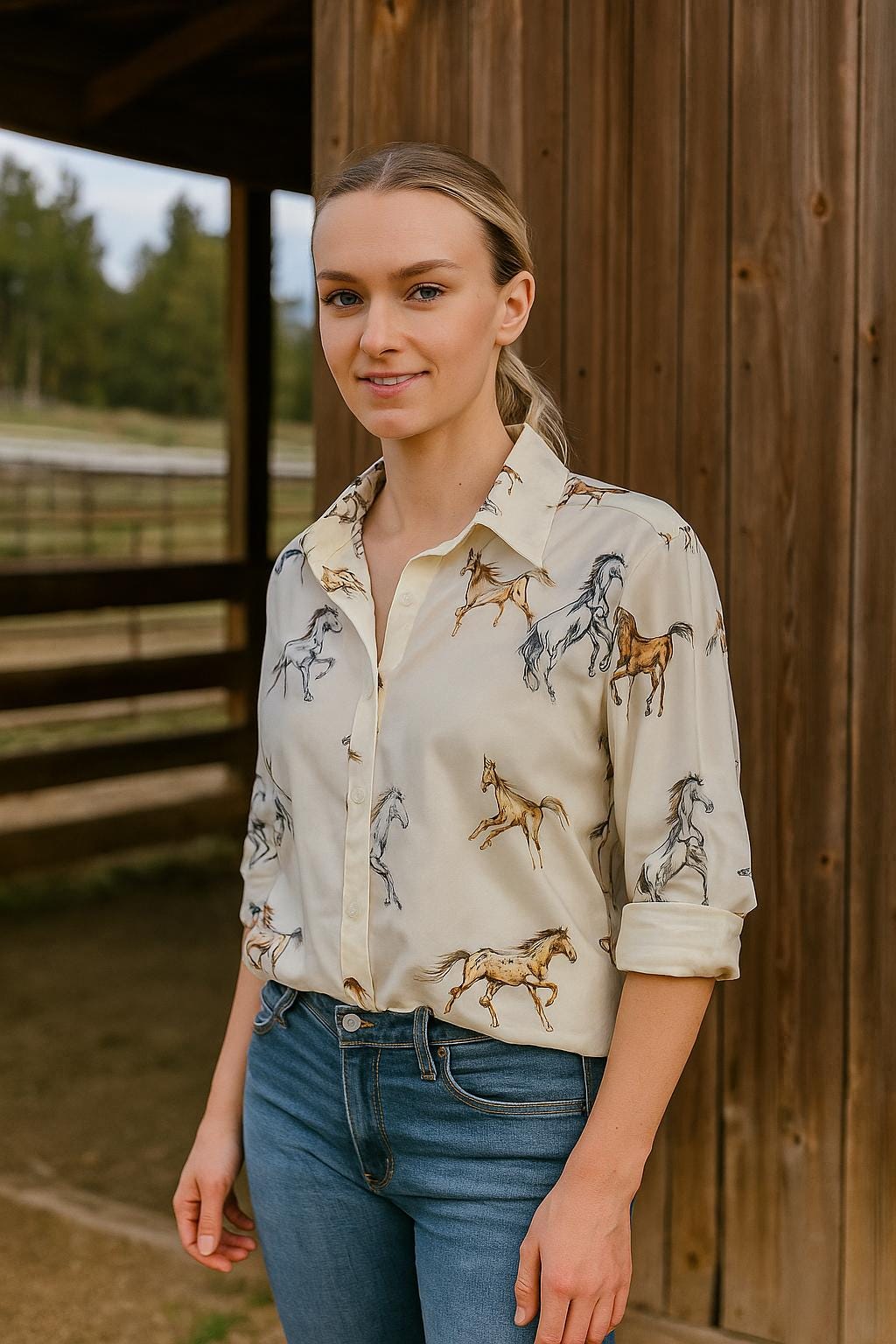Unleash your wild side with this stunning Western Horse Button-Up Shirt — a must-have for any cowgirl wardrobe!
✅ Striking hand-drawn wild horse print – exclusive and full of motion
✅ Silky-soft poly-cotton blend – lightweight, breathable, and comfy
✅ Semi-sheer fabric – perfect for layering over tanks or bralettes
✅ Classic button-up fit with cuffed sleeves and collared neckline
✅ Available in two timeless colors: off-white and black
✅ Anti-pilling, anti-shrink, and anti-wrinkle – yes, pl
