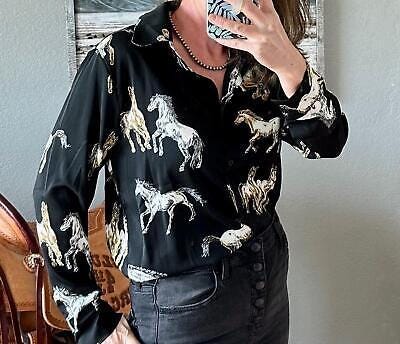 Women's Horse Shirt, Wild Horse Western Blouse, Cowgirl Button-Up Top, Rodeo Outfit, Country Concert Shirt, Western Cowgirl Clothing -Razels