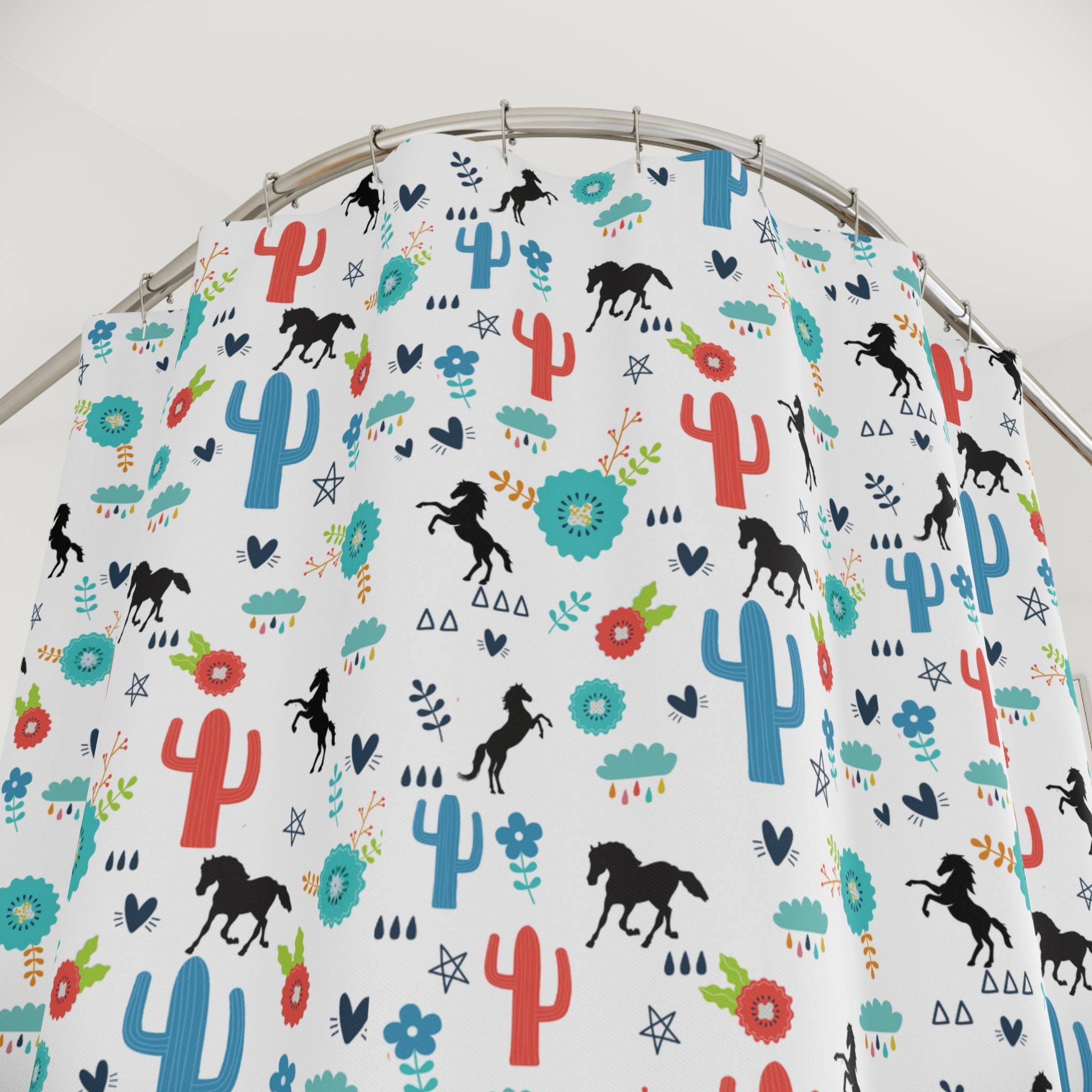 BOHO Cactus Shower Curtain, Southwestern Horse Bathroom Decor, Boho Desert Kids Bath , Colorful Western Gift -Razels