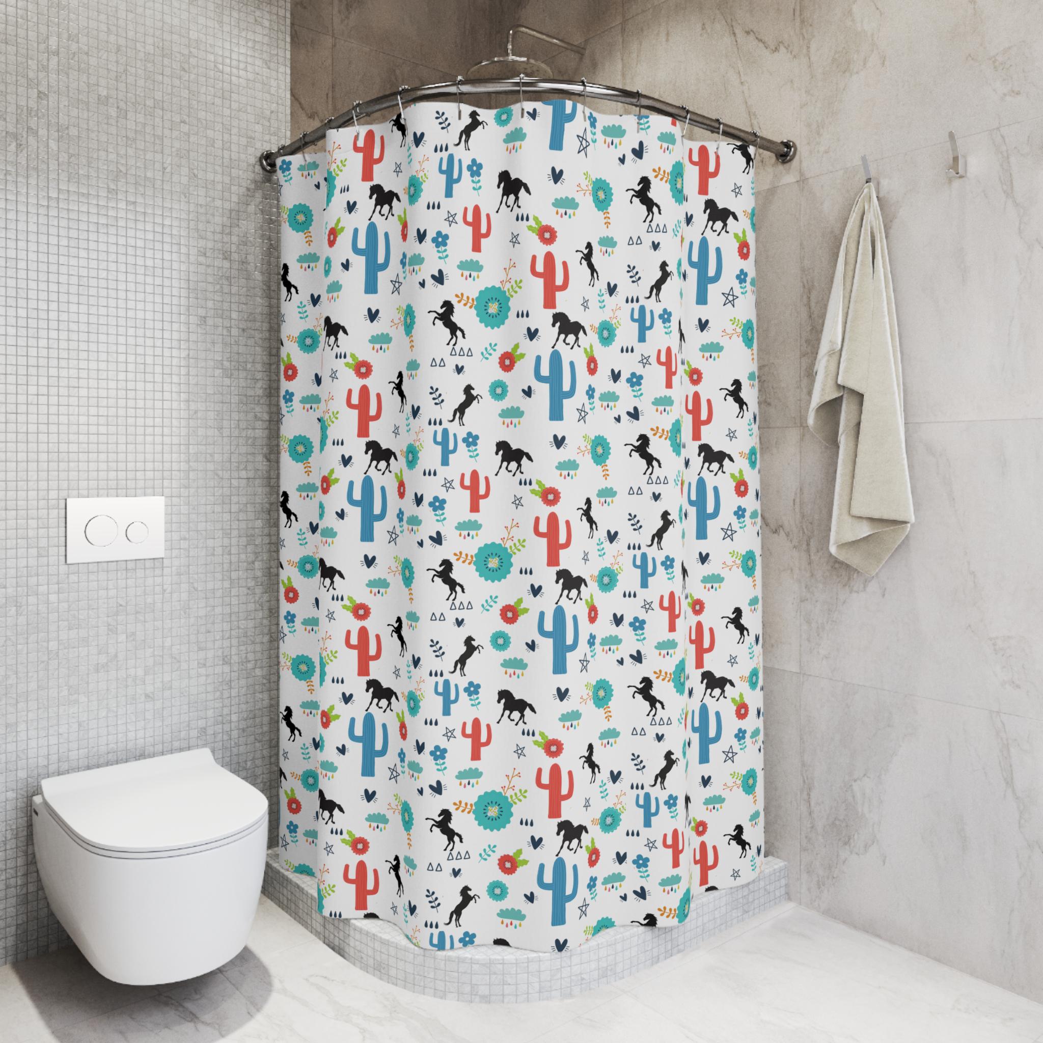 BOHO Cactus Shower Curtain, Southwestern Horse Bathroom Decor, Boho Desert Kids Bath , Colorful Western Gift -Razels