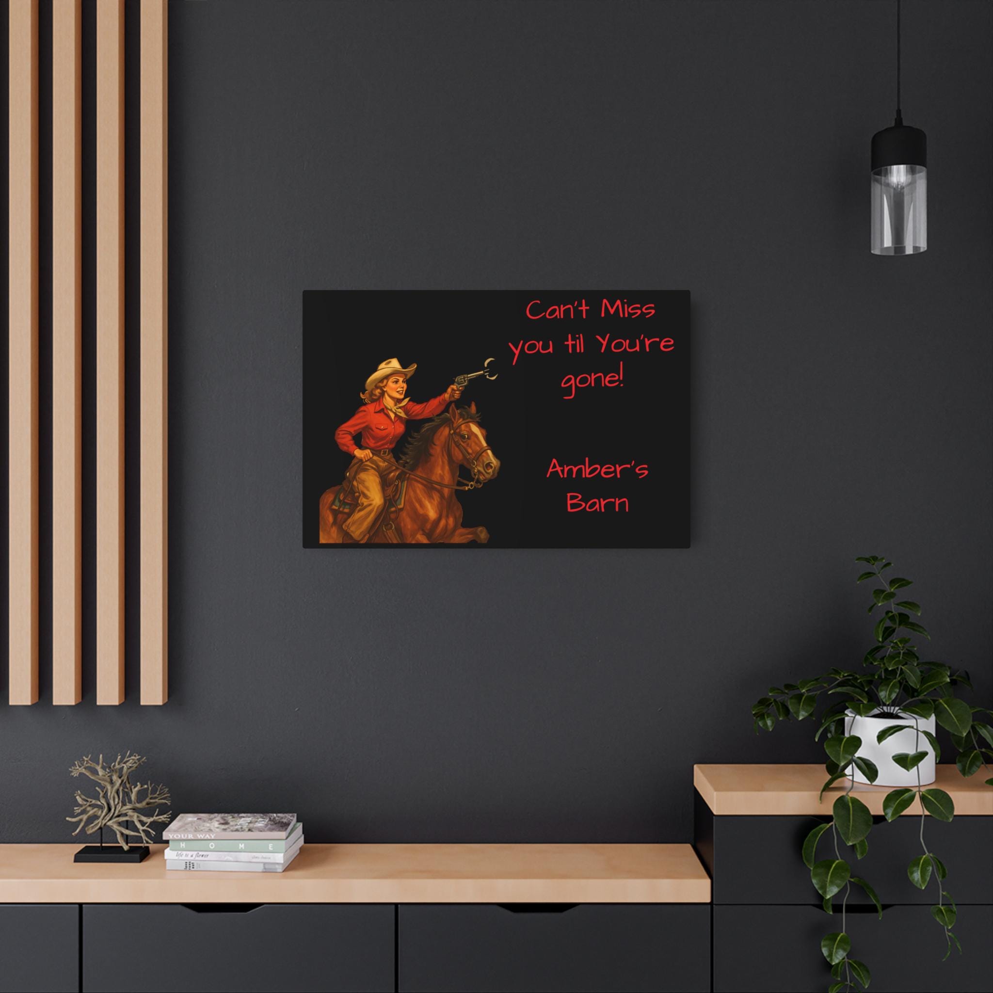 Retro Cowgirl Metal Sign – Personalized Western Decor black metal cowgirl sign! Featuring a vintage-style silhouette of a pistol-packin’ cowgirl riding her trusty horse and the cheeky phrase “Can’t miss you ’til you’re gone”  Whether you hang it on your front door, barn, tack room, or inside your home   ✓ Made from durable, lightweight 100% aluminum ✓ Matte finish  ✓ Comes ready to hang ✓ Available in multiple sizes ✓ Customizable text – make it yours!