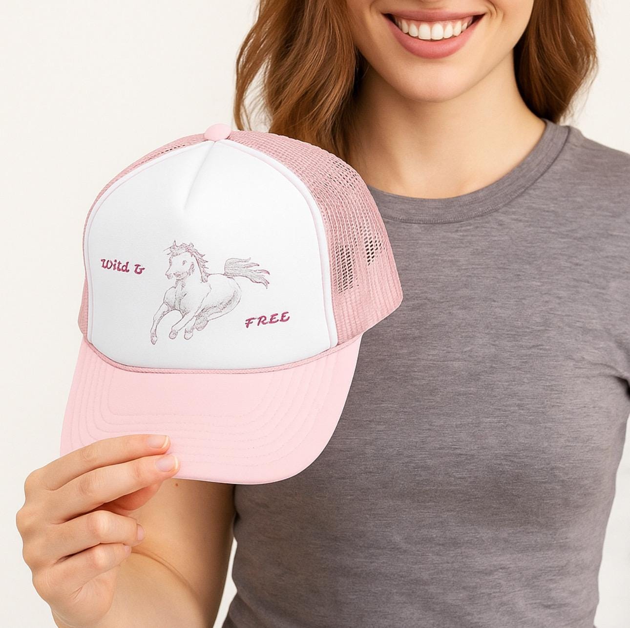 Pink Horse Embroidered Trucker Hat Wild & Free Summer Cowgirl Snapback Western Festival Cap -Razels